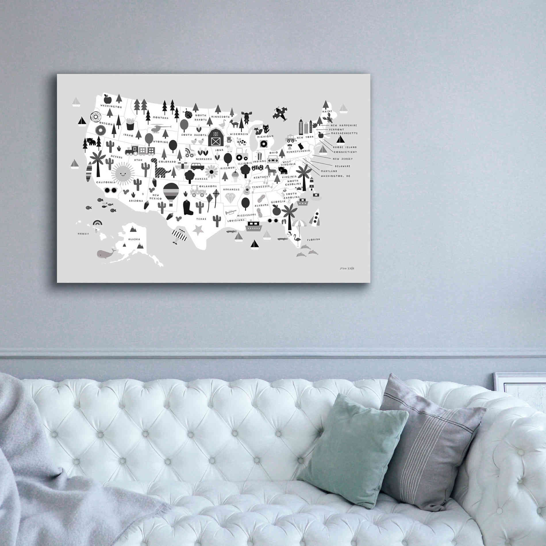 'Fun USA Map BW' by Ann Kelle Designs, Canvas Wall Art,60 x 40