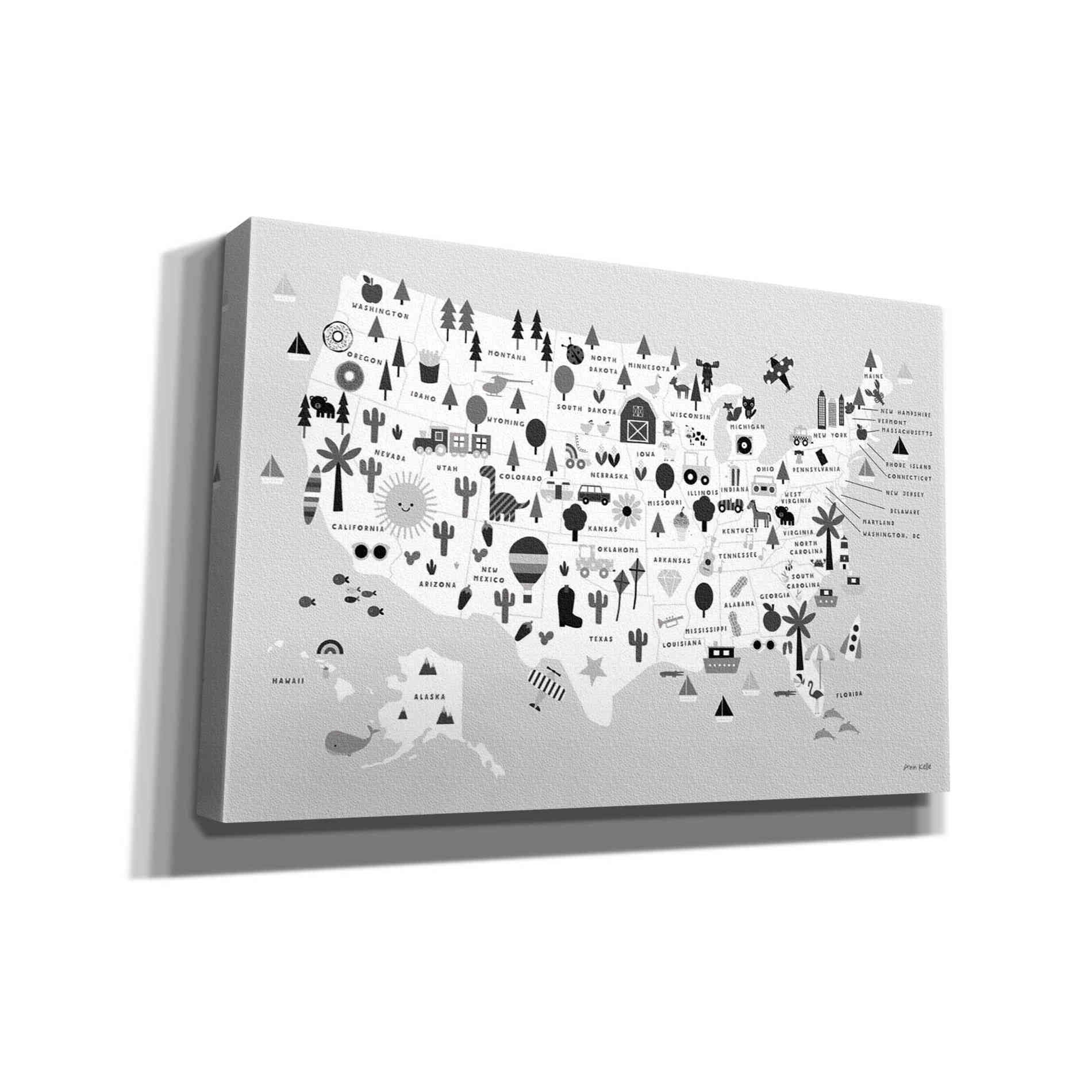 'Fun USA Map BW' by Ann Kelle Designs, Canvas Wall Art,18x12x1.1x0,26x18x1.1x0,40x26x1.74x0,60x40x1.74x0