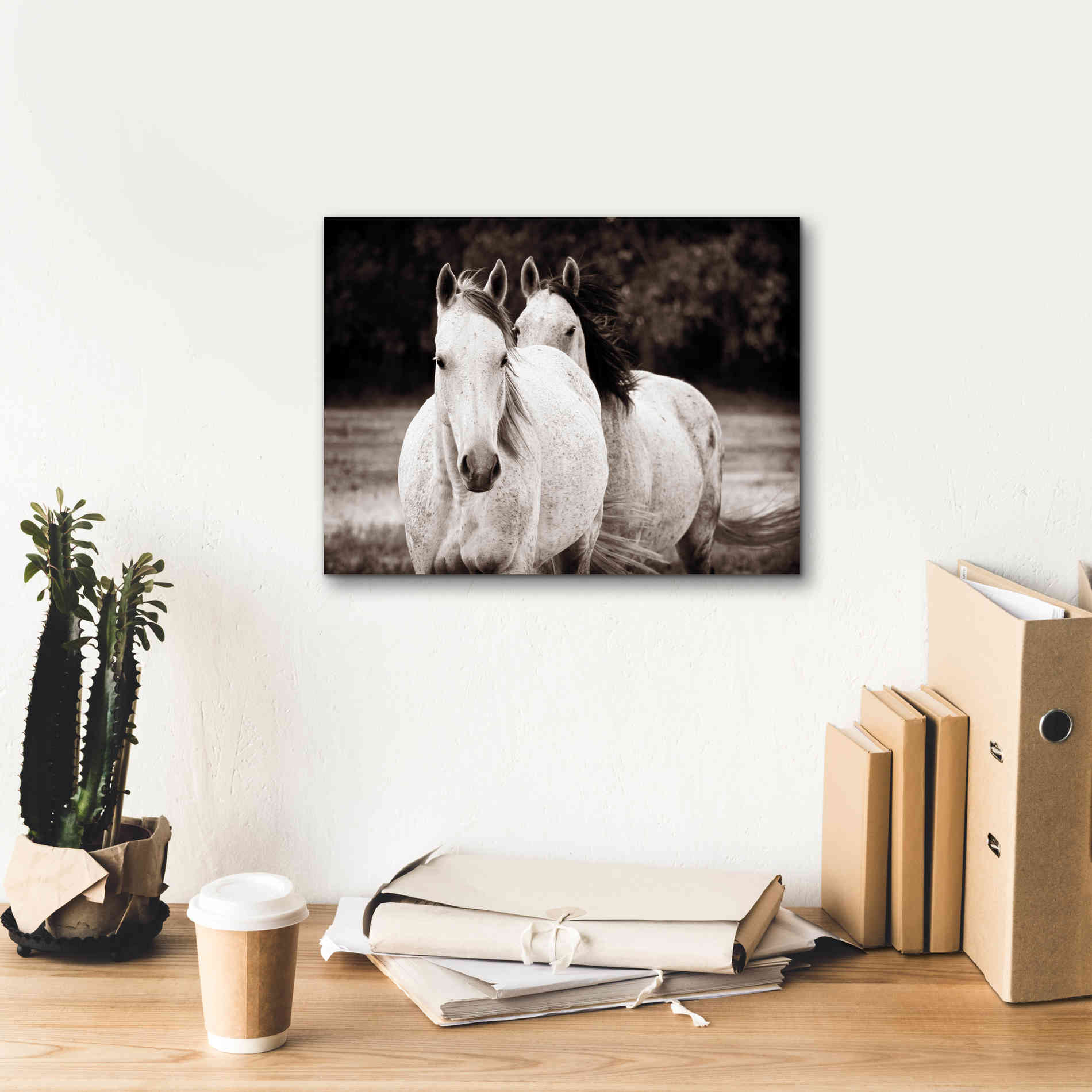 'Two Wild Horses Sepia' by Debra Van Swearingen, Canvas Wall Art,16 x 12