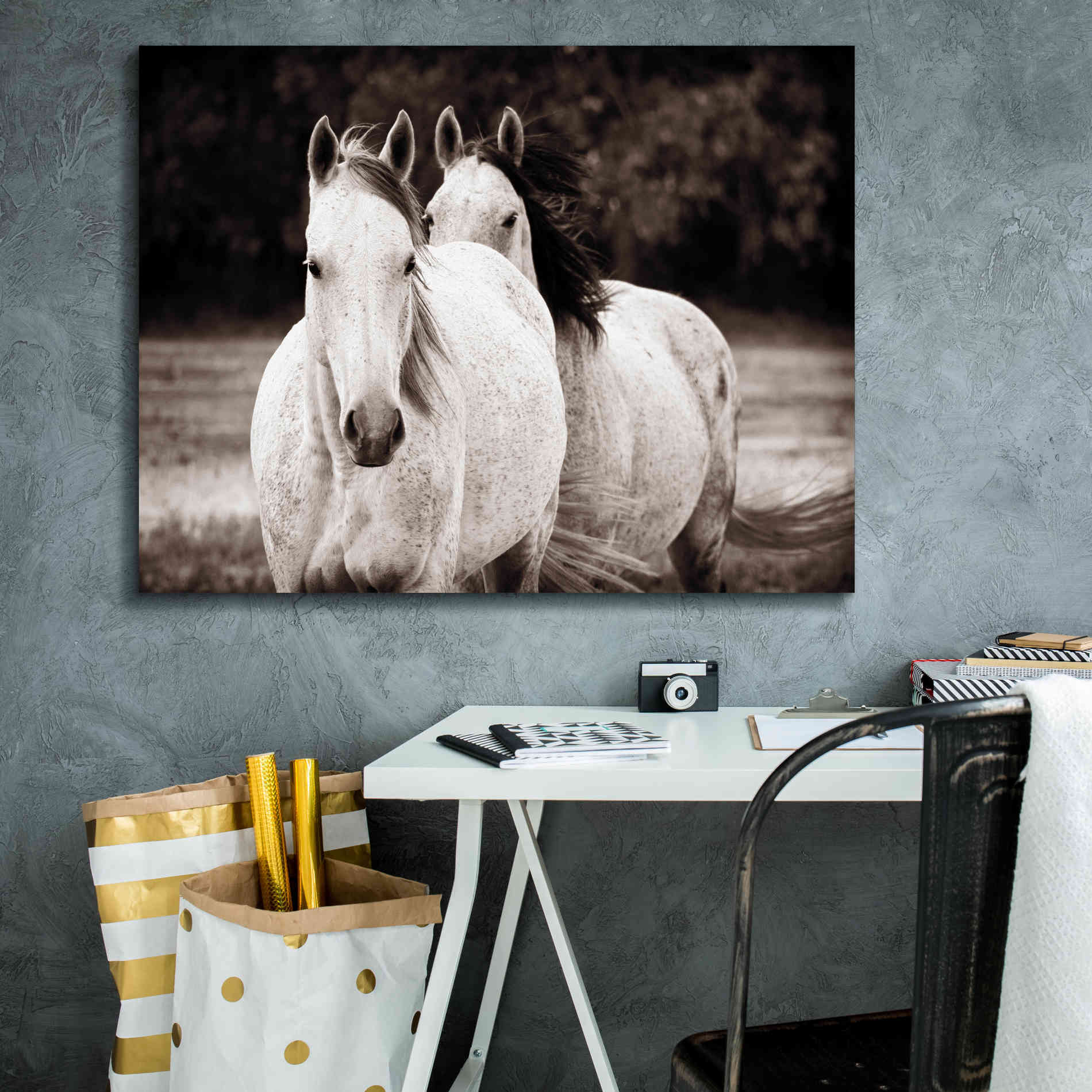 'Two Wild Horses Sepia' by Debra Van Swearingen, Canvas Wall Art,34 x 26
