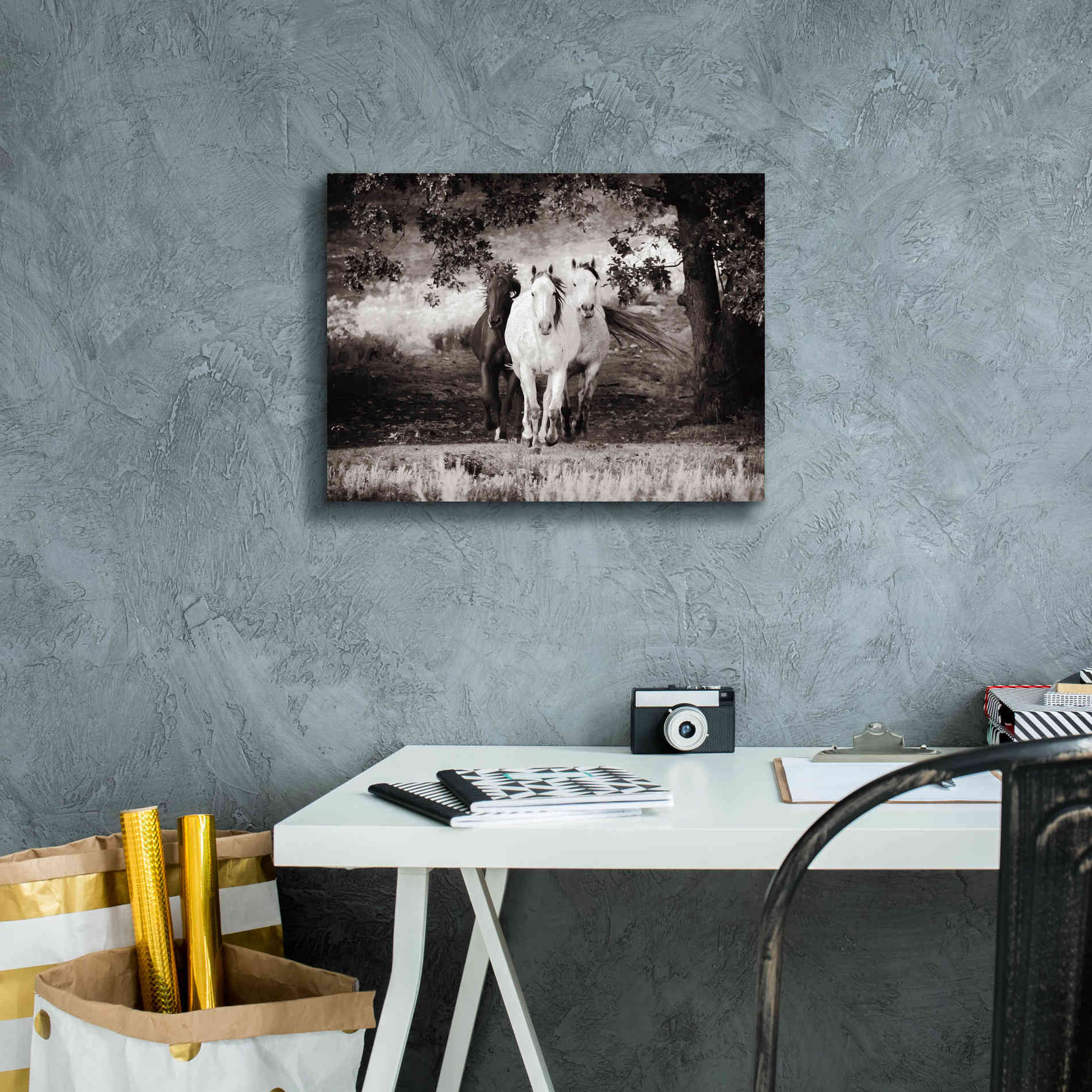 'Three Wild Horses Sepia' by Debra Van Swearingen, Canvas Wall Art,16 x 12