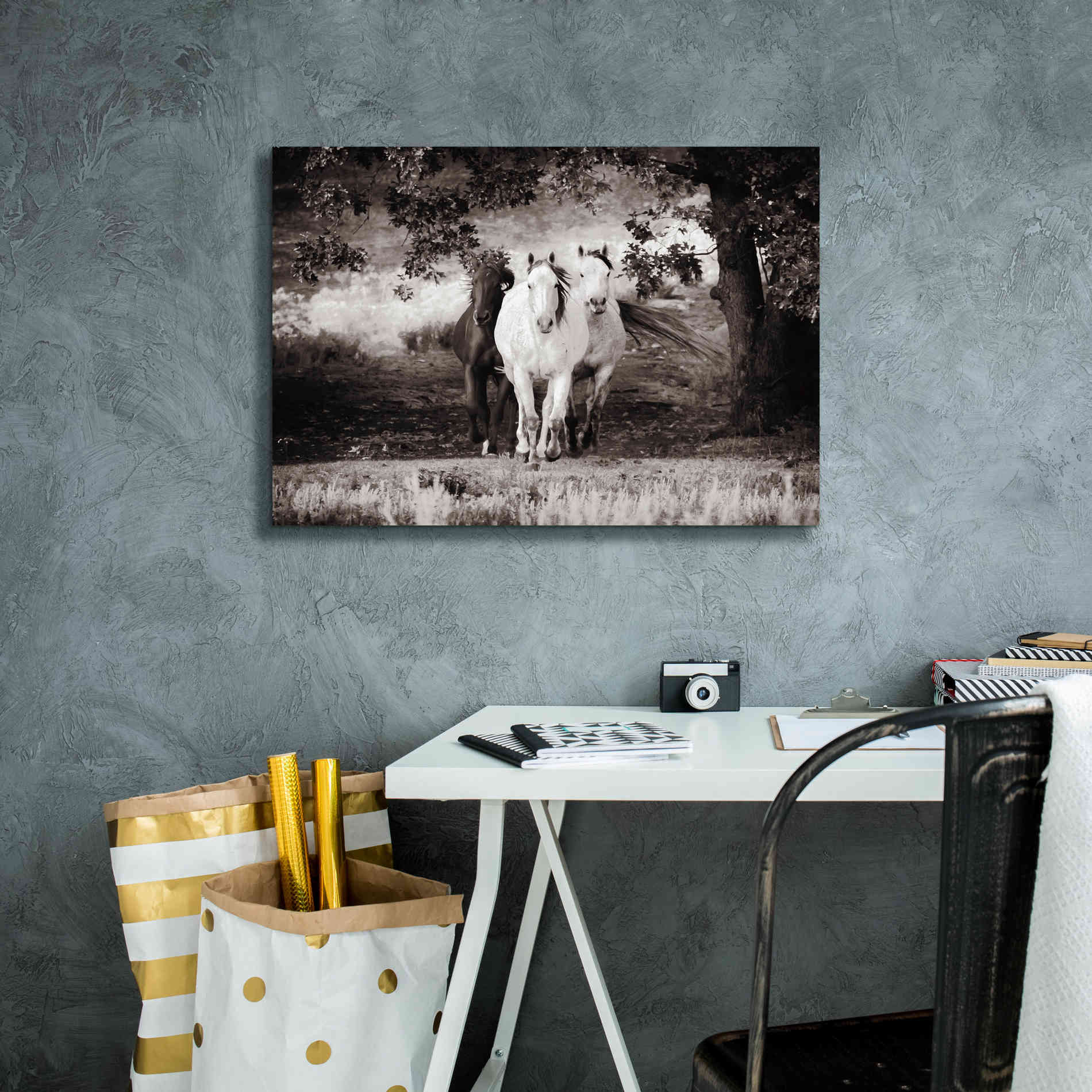 'Three Wild Horses Sepia' by Debra Van Swearingen, Canvas Wall Art,26 x 18