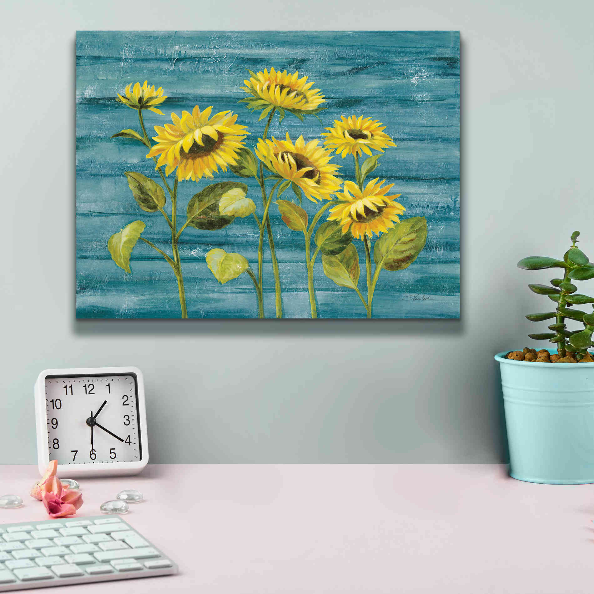 'Cottage Sunflowers Teal' by Silvia Vassileva, Canvas Wall Art,16 x 12
