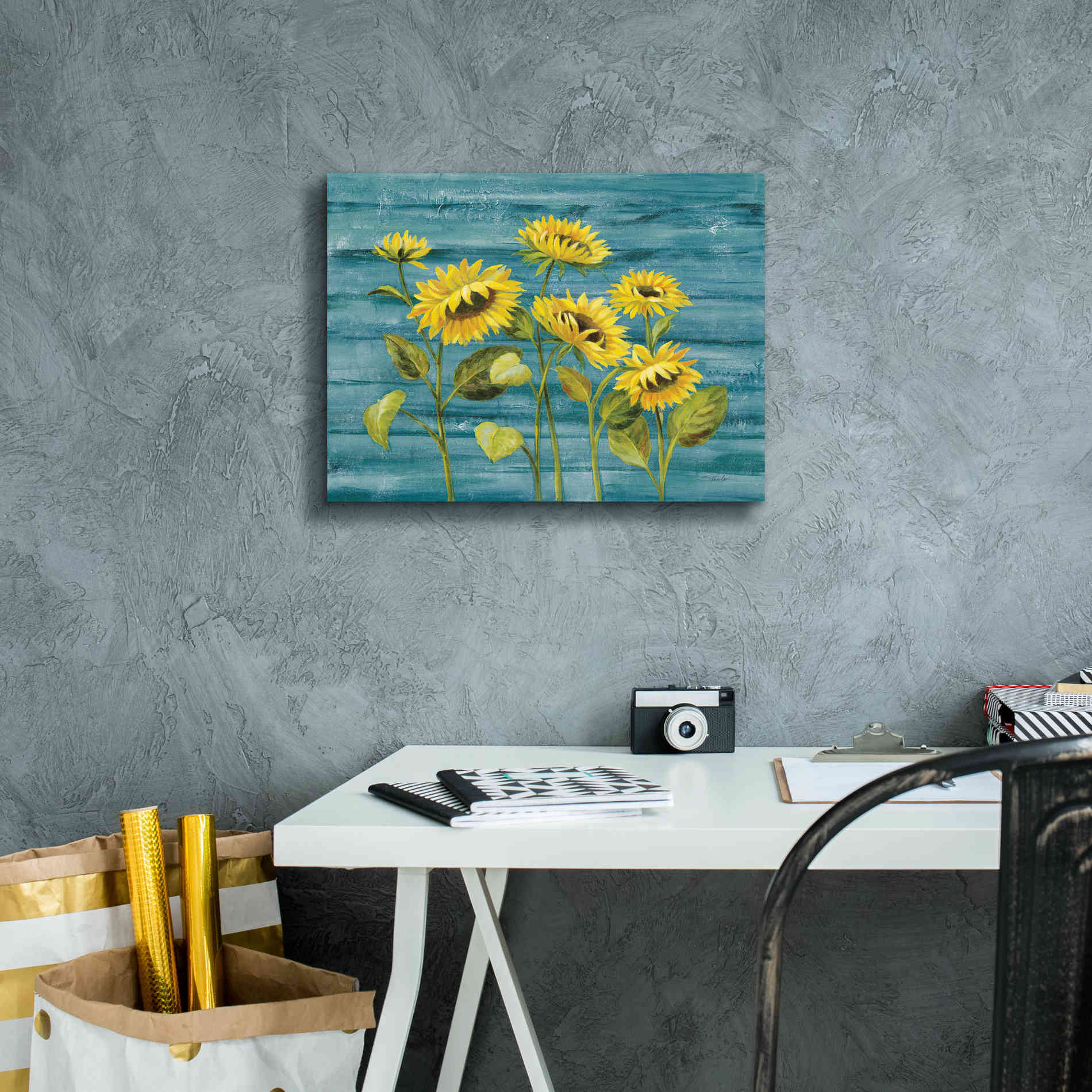 'Cottage Sunflowers Teal' by Silvia Vassileva, Canvas Wall Art,16 x 12