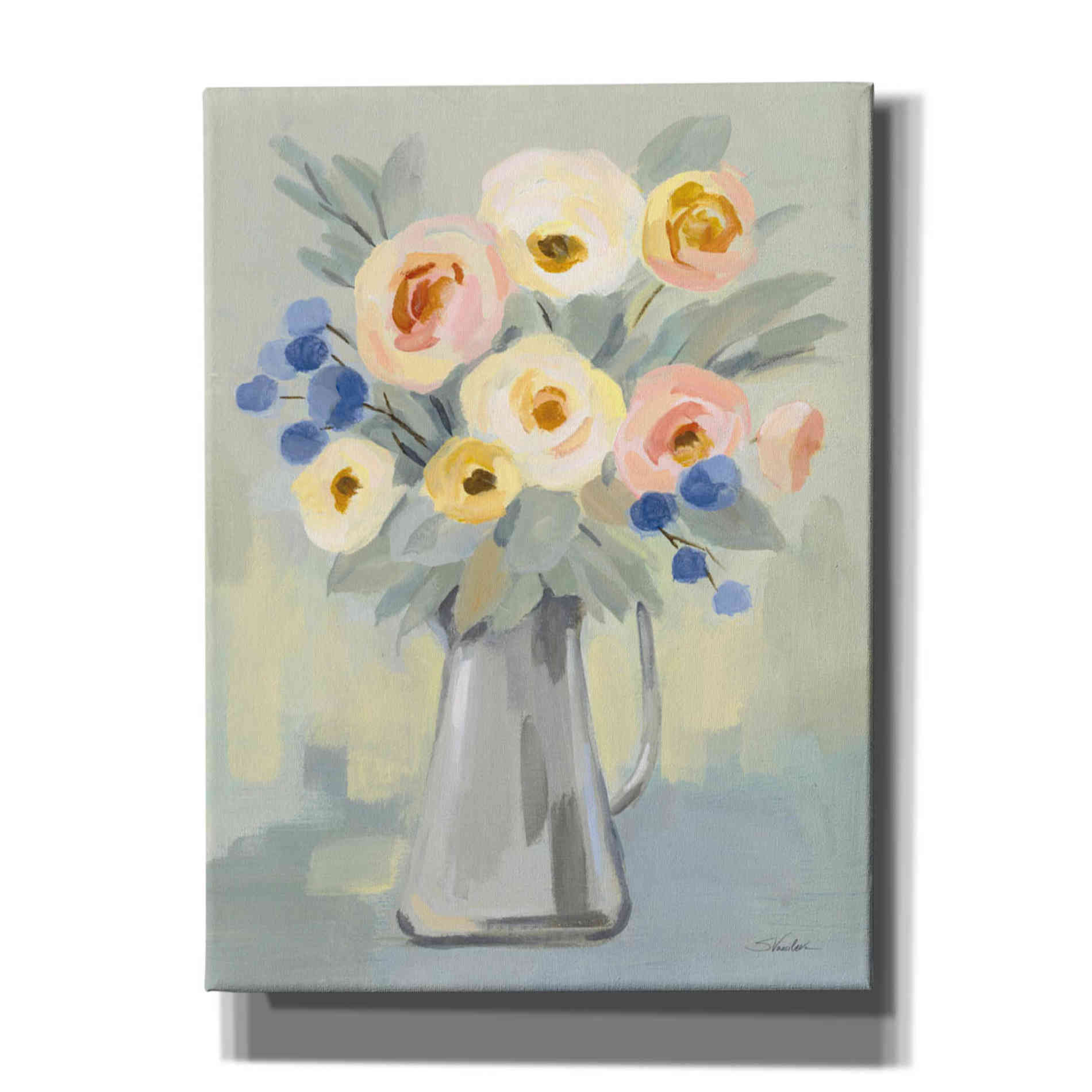 'Pale Flowers on Sage' by Silvia Vassileva, Canvas Wall Art,12x16x1.1x0,18x26x1.1x0,26x34x1.74x0,40x54x1.74x0