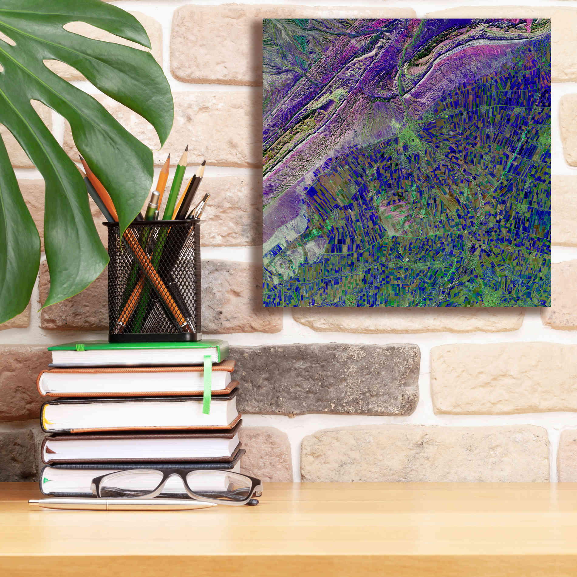 'Earth as Art: Deep Blue Cubism,' Canvas Wall Art,12 x 12