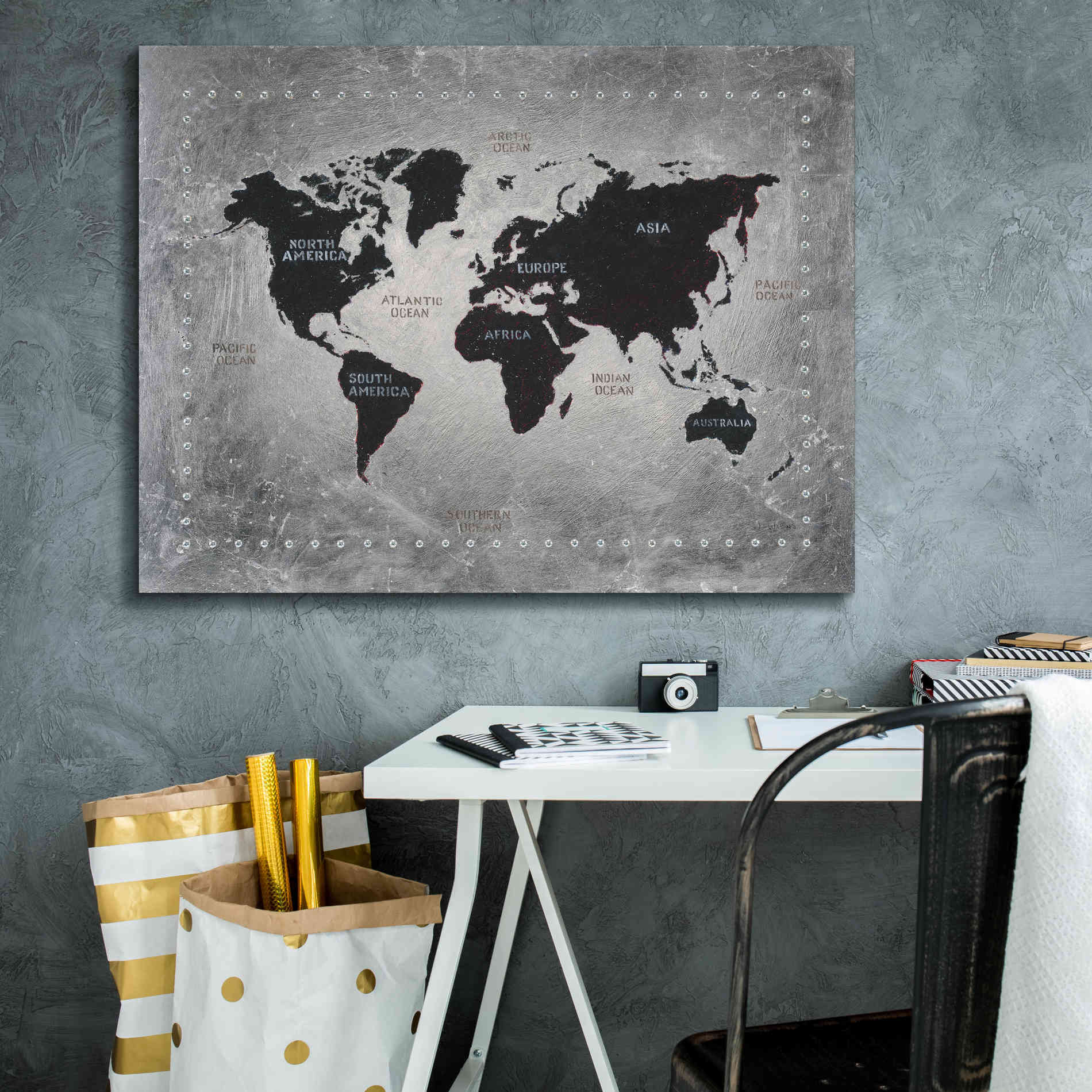 'Riveting World Map' by James Wiens, Canvas Wall Art,34 x 26