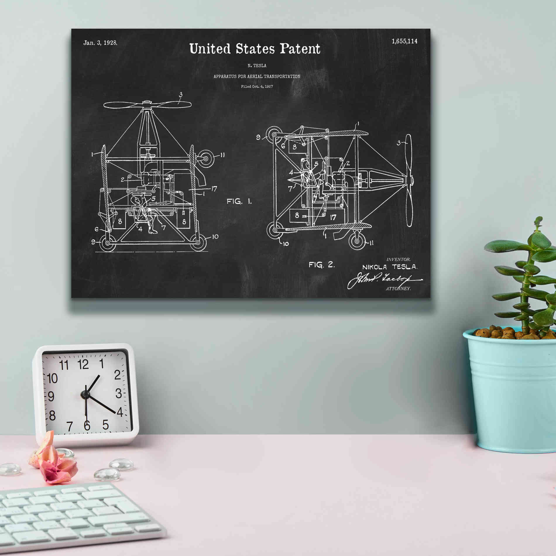 'Tesla Aerial Apparatus Blueprint Patent Chalkboard,' Canvas Wall Art,16 x 12