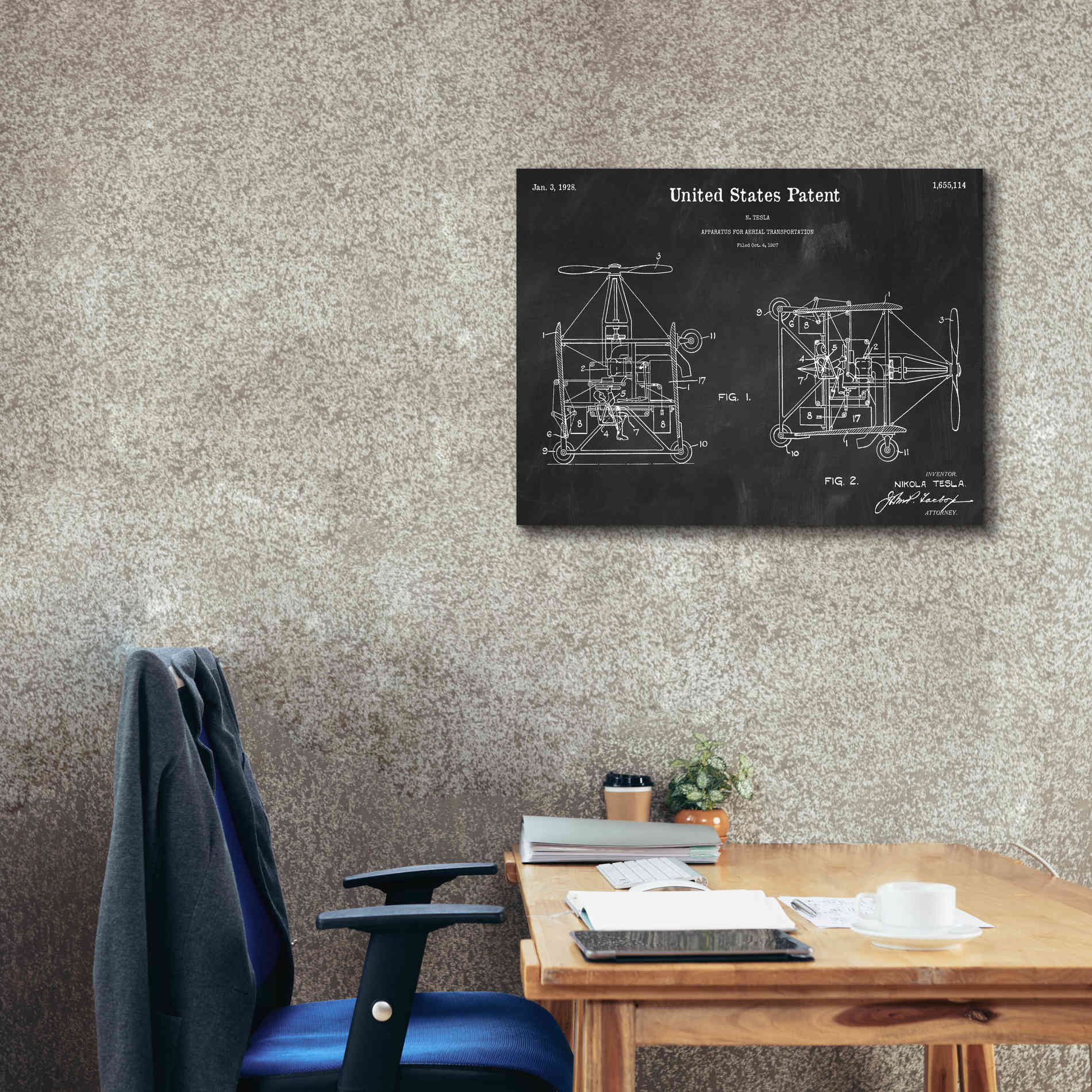 'Tesla Aerial Apparatus Blueprint Patent Chalkboard,' Canvas Wall Art,34 x 26