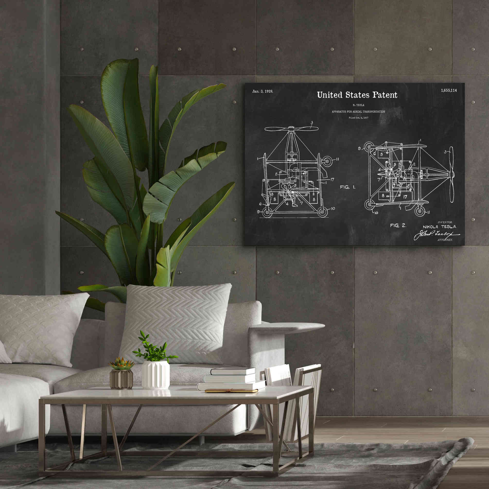 'Tesla Aerial Apparatus Blueprint Patent Chalkboard,' Canvas Wall Art,54 x 40