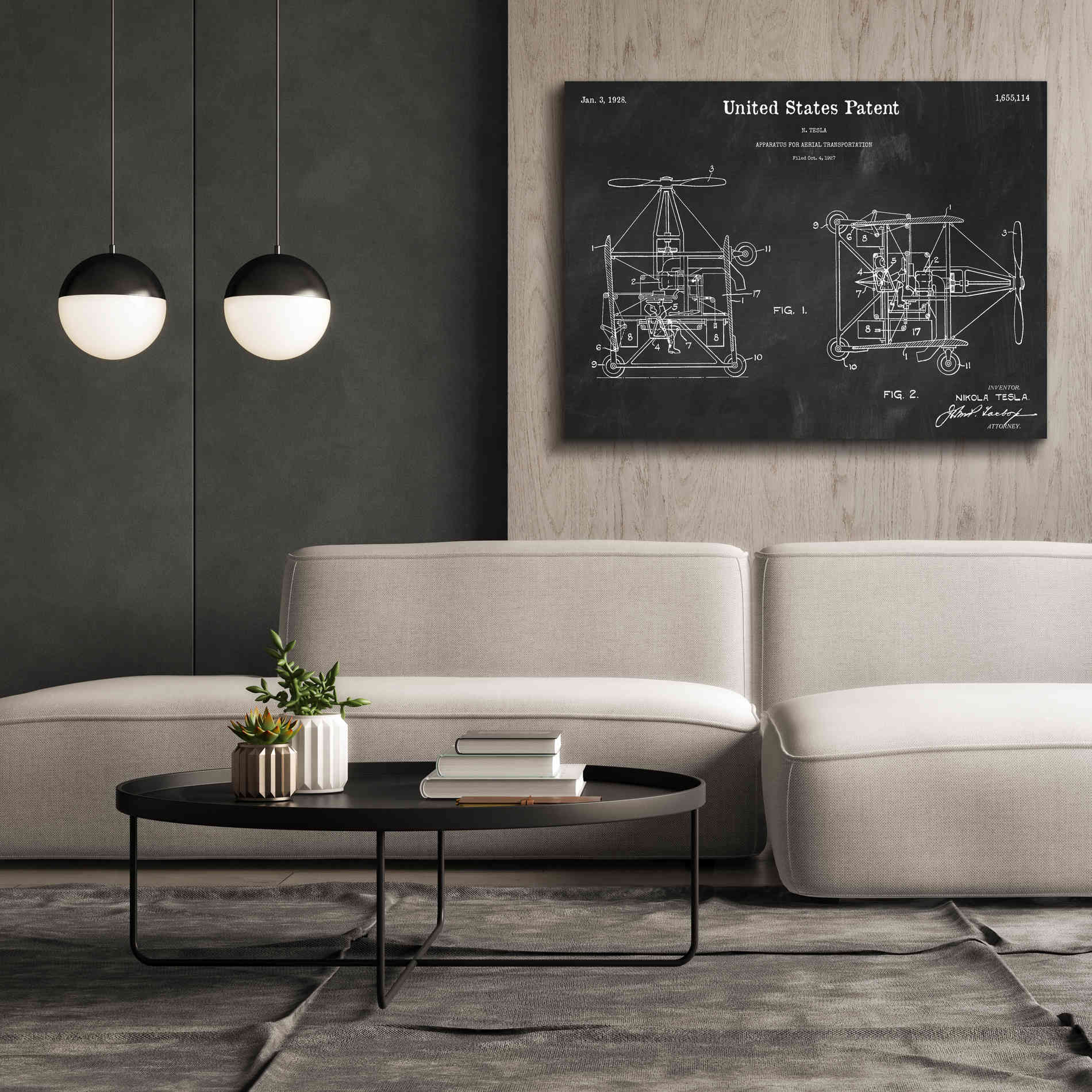'Tesla Aerial Apparatus Blueprint Patent Chalkboard,' Canvas Wall Art,54 x 40