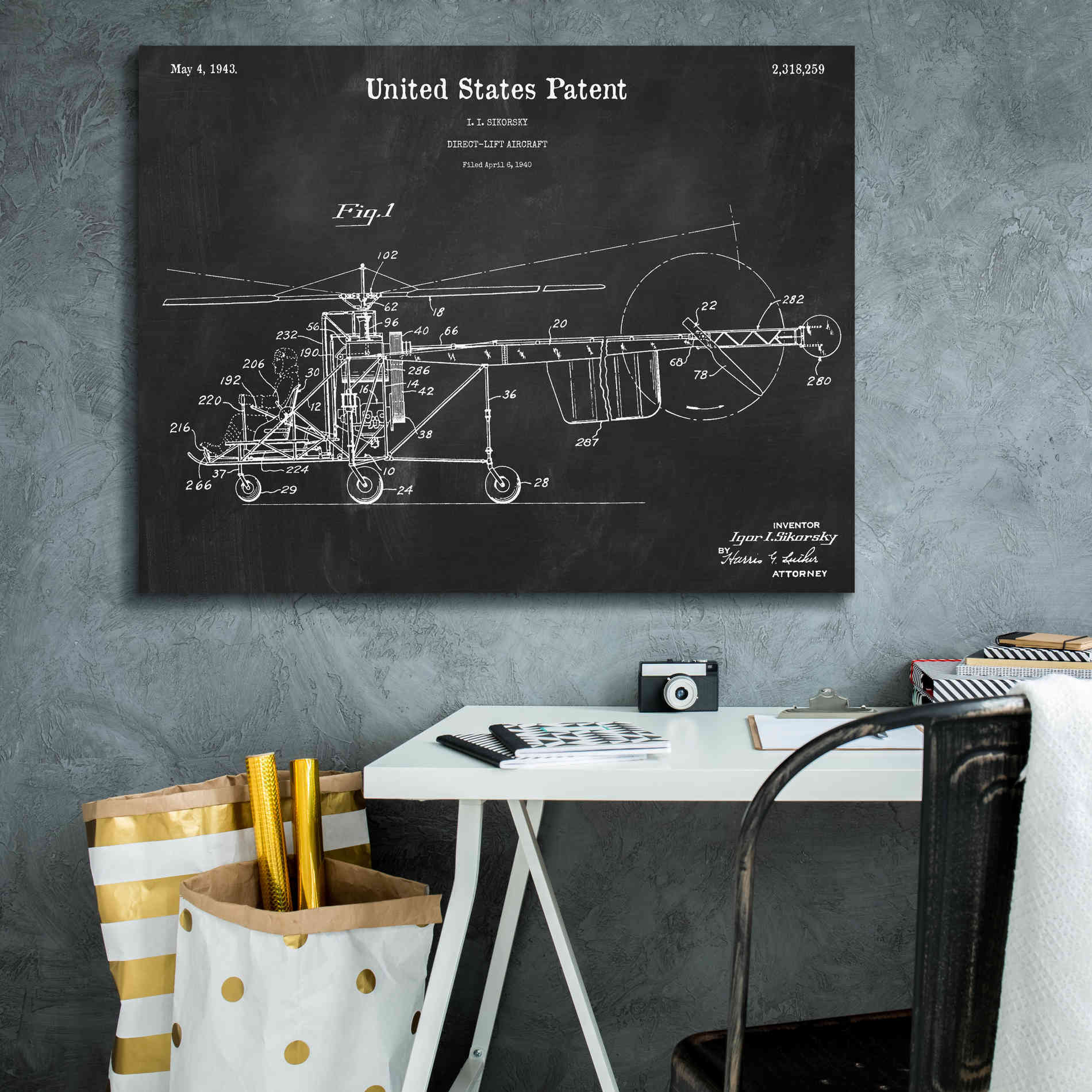 'Direct-Lift Aircraft Blueprint Patent Chalkboard,' Canvas Wall Art,34 x 26