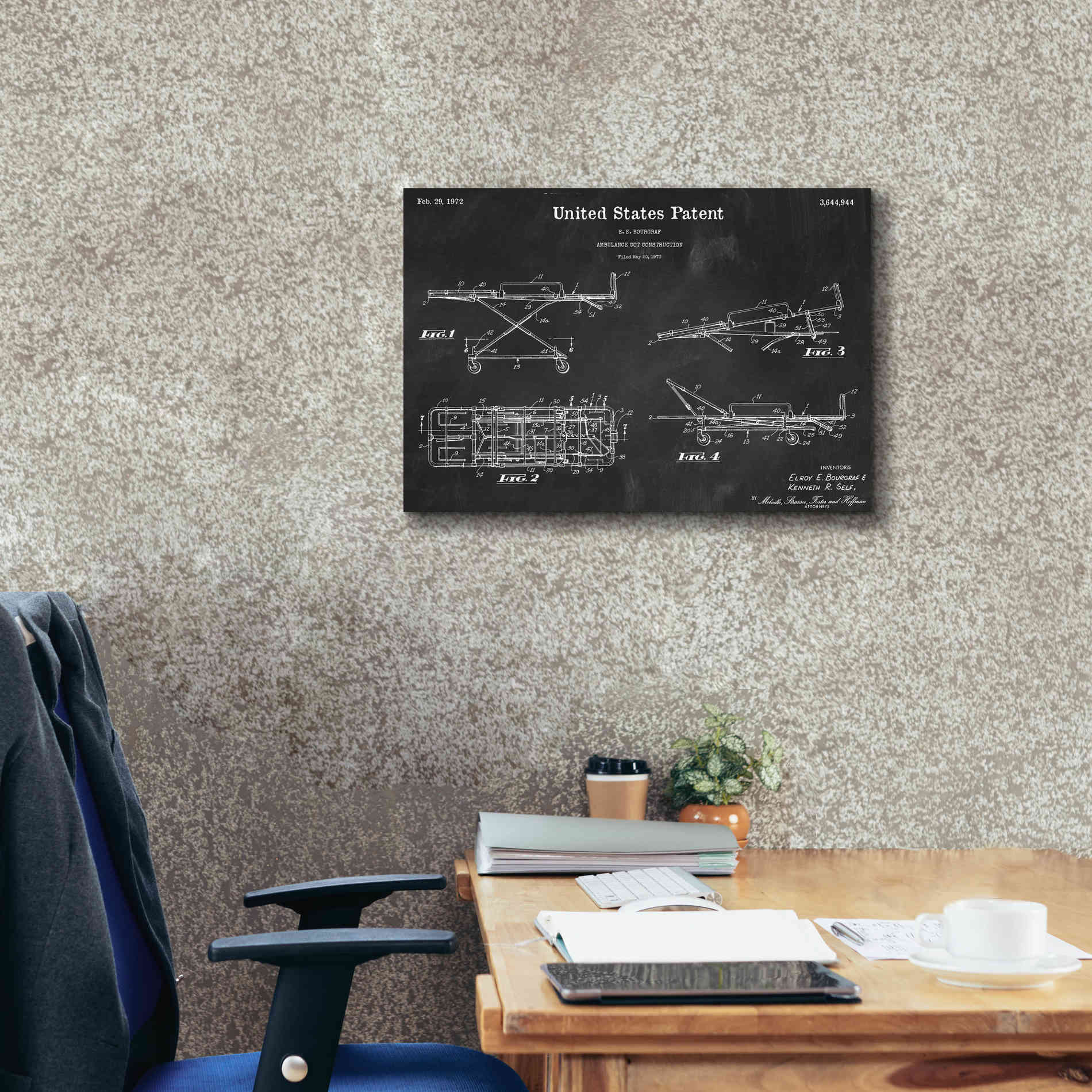 'EMT Stretcher Blueprint Patent Chalkboard,' Canvas Wall Art,26 x 18