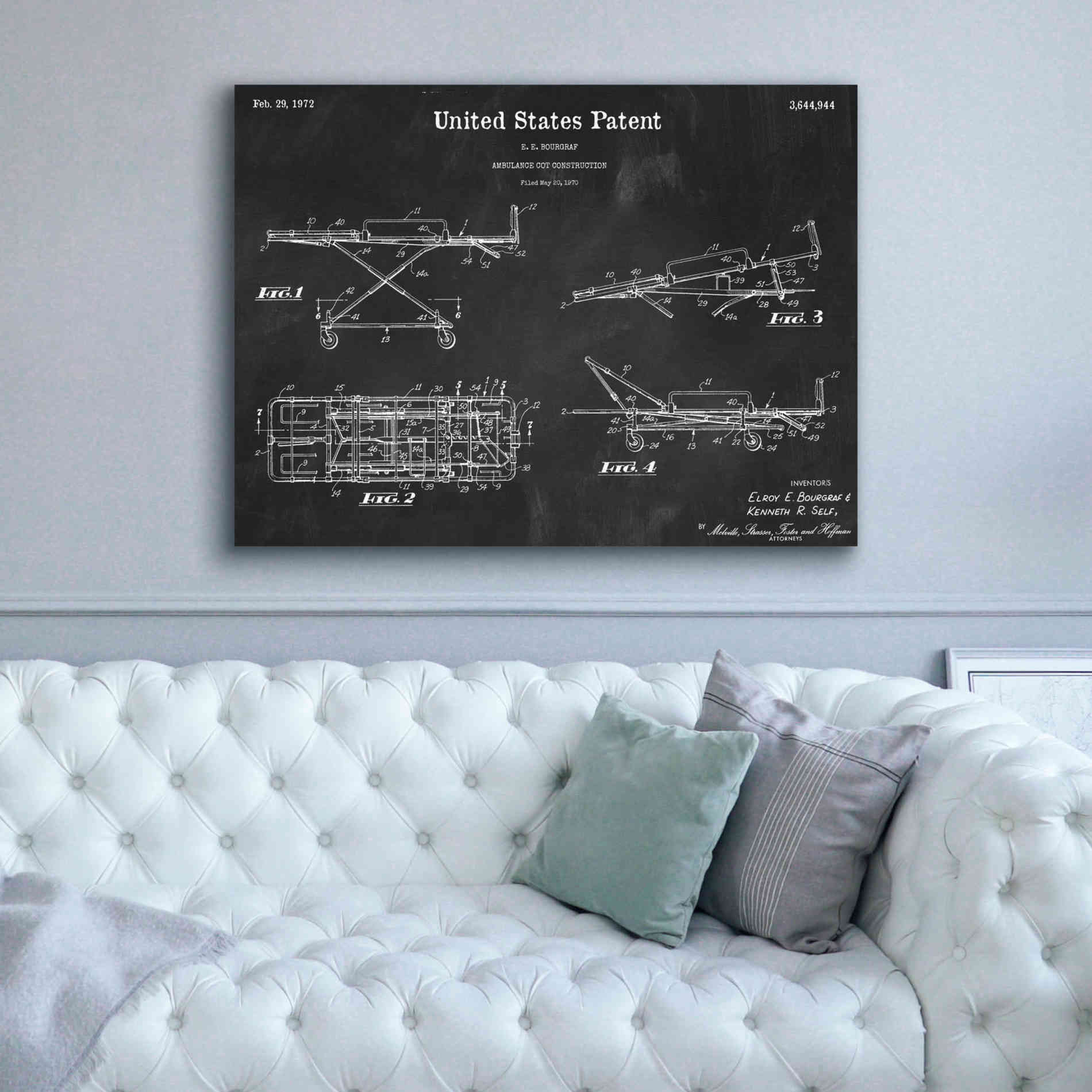 'EMT Stretcher Blueprint Patent Chalkboard,' Canvas Wall Art,54 x 40