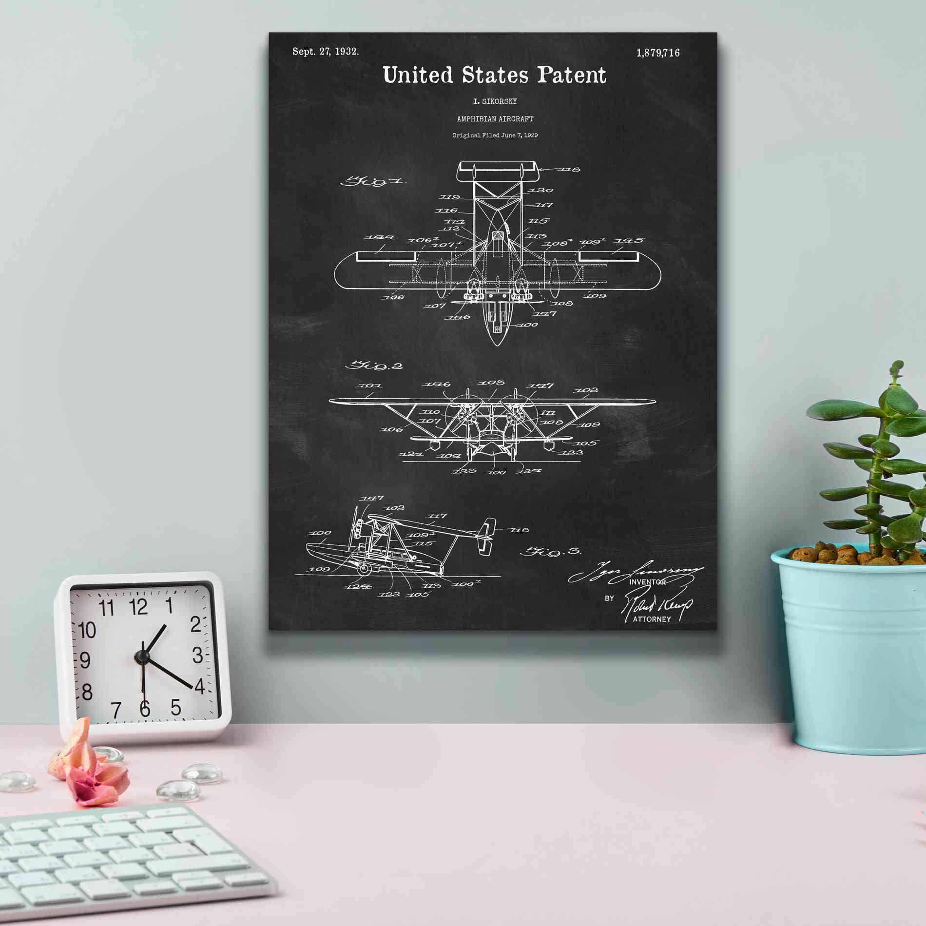 'Amphibian Aircraft Blueprint Patent Chalkboard,' Canvas Wall Art,12 x 16