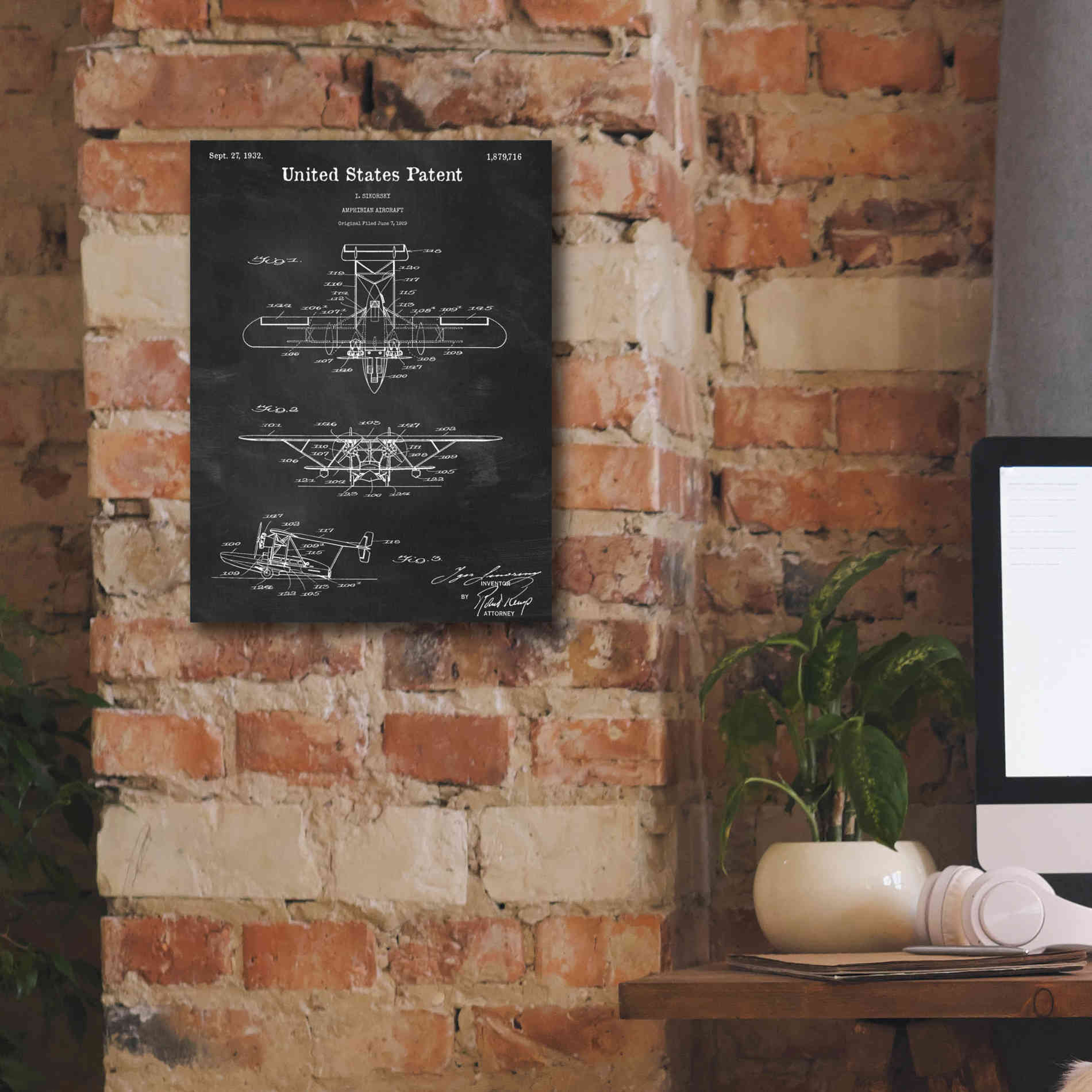 'Amphibian Aircraft Blueprint Patent Chalkboard,' Canvas Wall Art,12 x 16