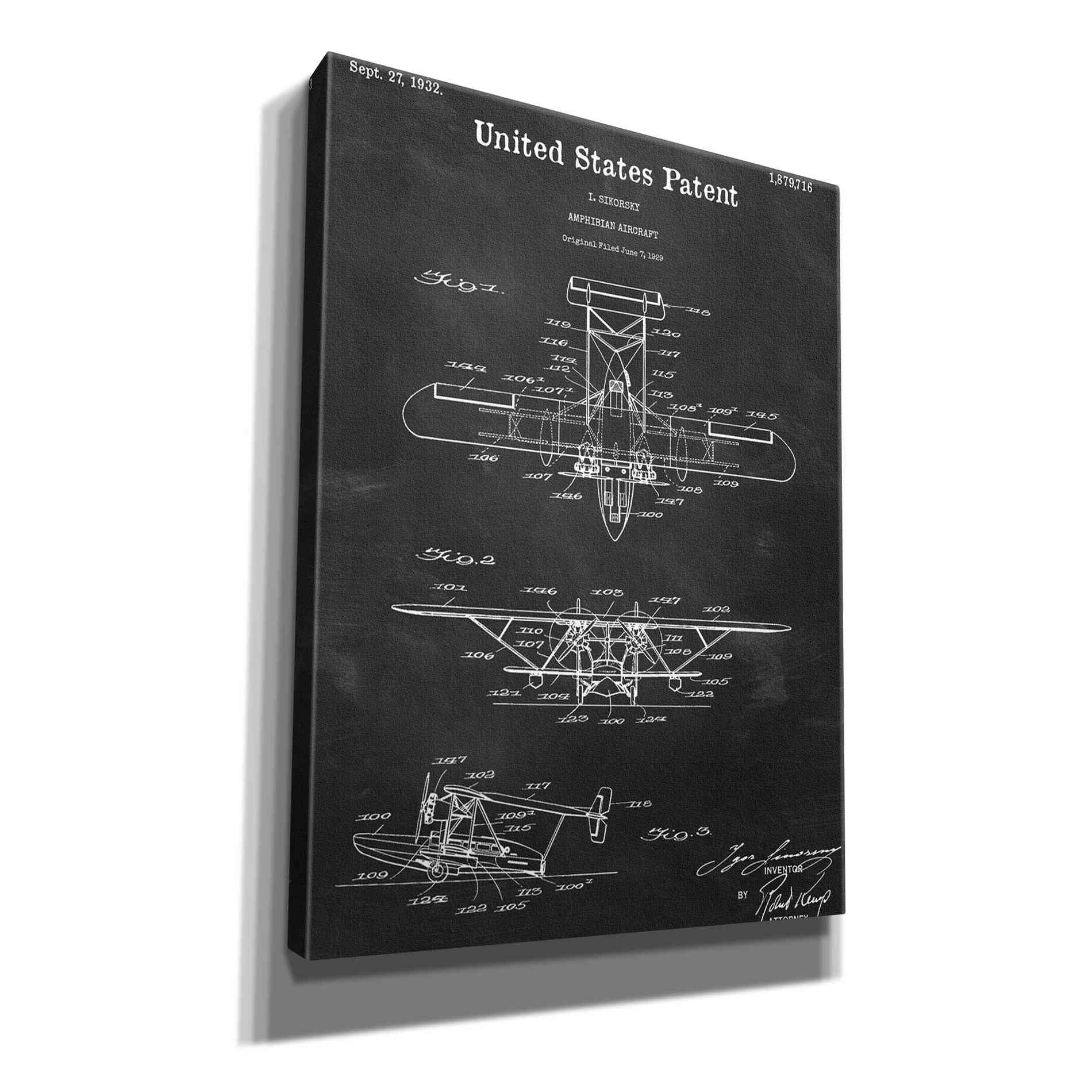 'Amphibian Aircraft Blueprint Patent Chalkboard,' Canvas Wall Art,12x16x1.1x0,18x26x1.1x0,26x34x1.74x0,40x54x1.74x0