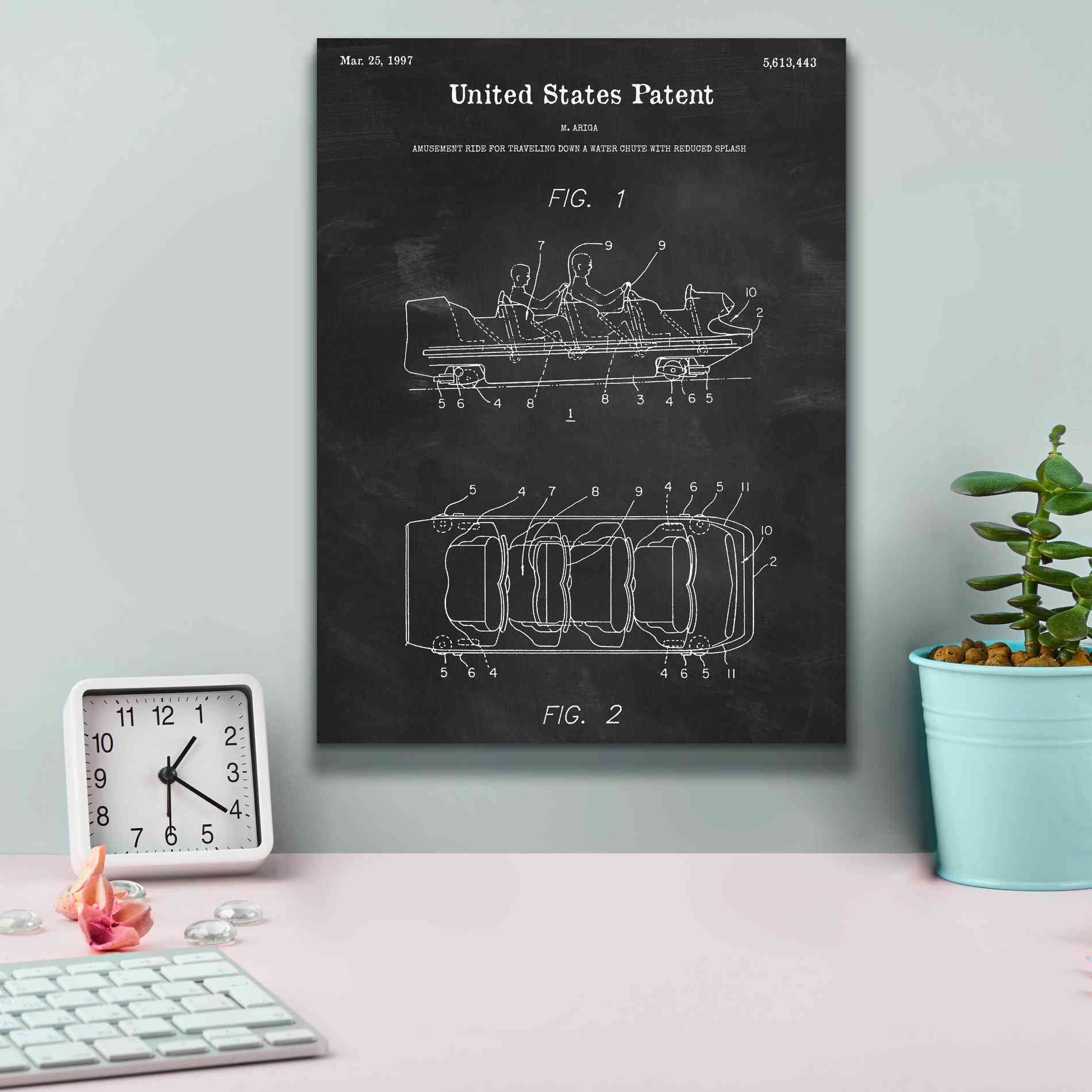 'Water Coaster Ride Blueprint Patent Chalkboard,' Canvas Wall Art,12 x 16