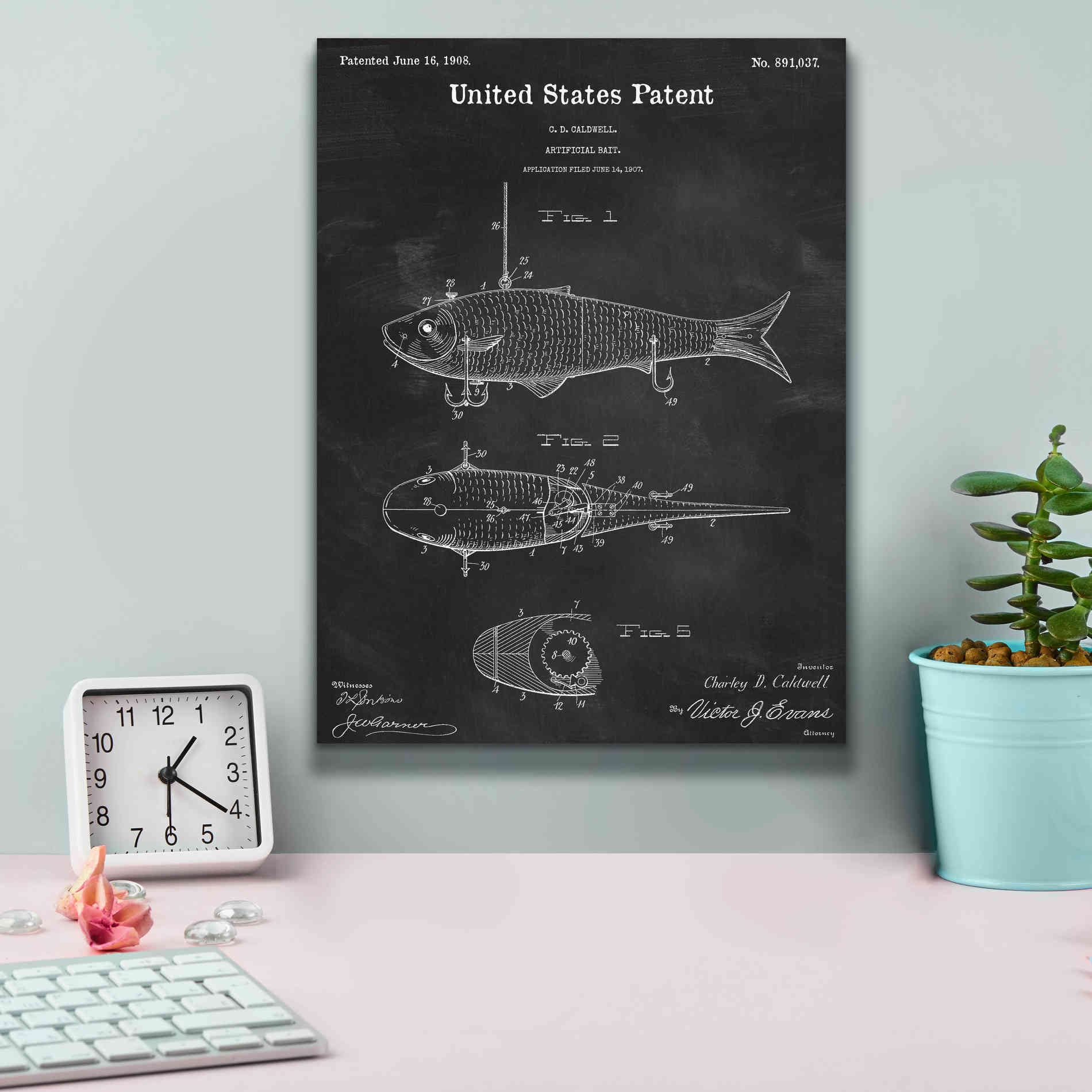 'Fish Bait Blueprint Patent Chalkboard,' Canvas Wall Art,12 x 16