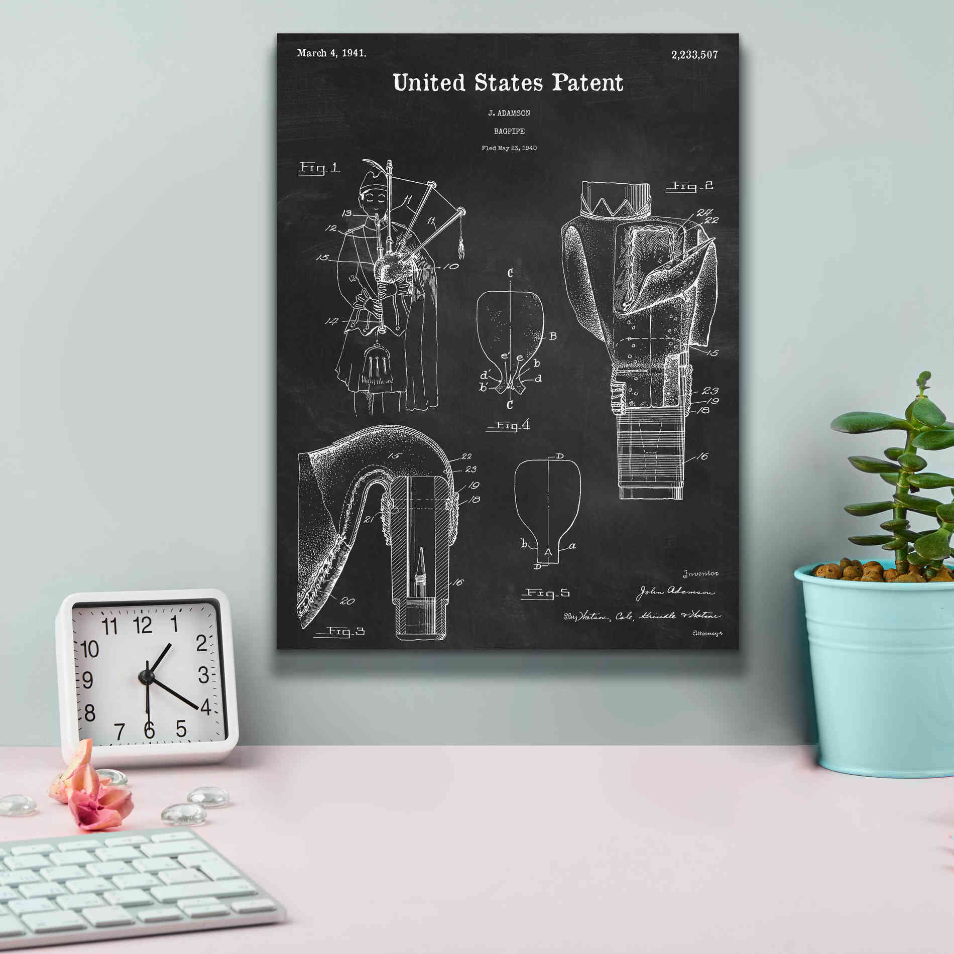 'Bagpipe Blueprint Patent Chalkboard,' Canvas Wall Art,12 x 16
