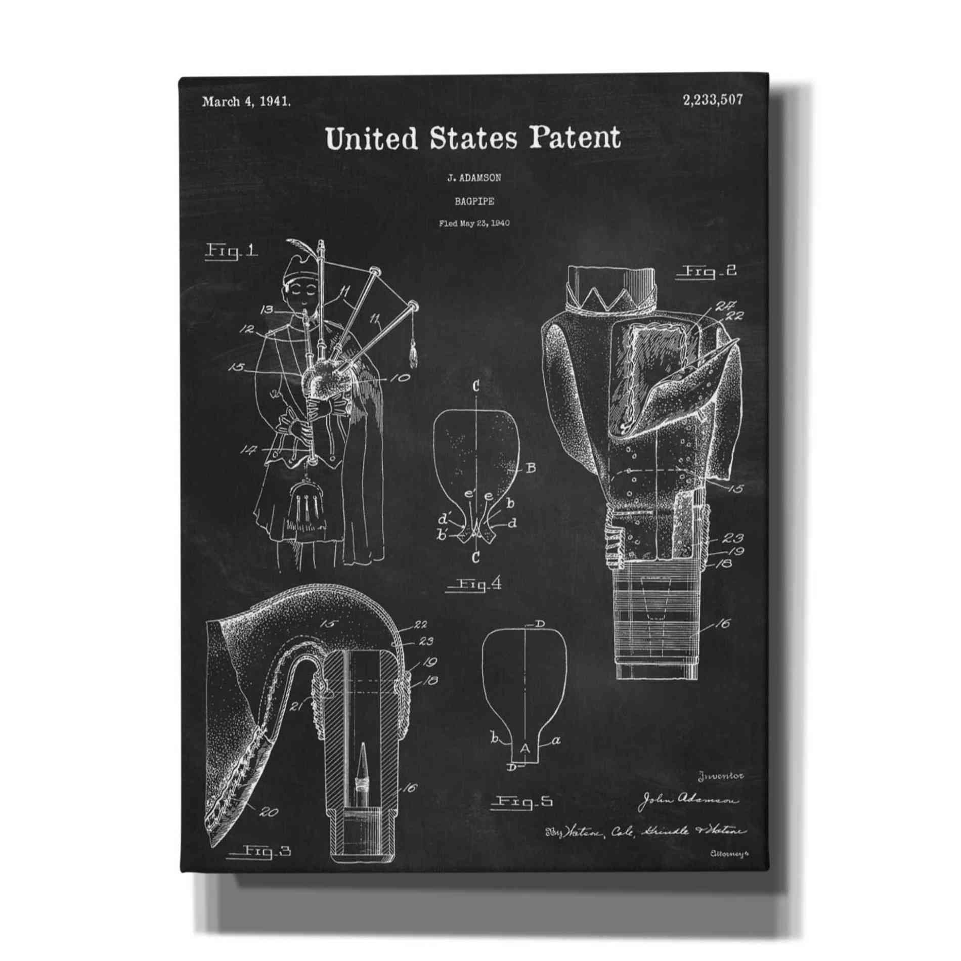'Bagpipe Blueprint Patent Chalkboard,' Canvas Wall Art,12x16x1.1x0,18x26x1.1x0,26x34x1.74x0,40x54x1.74x0