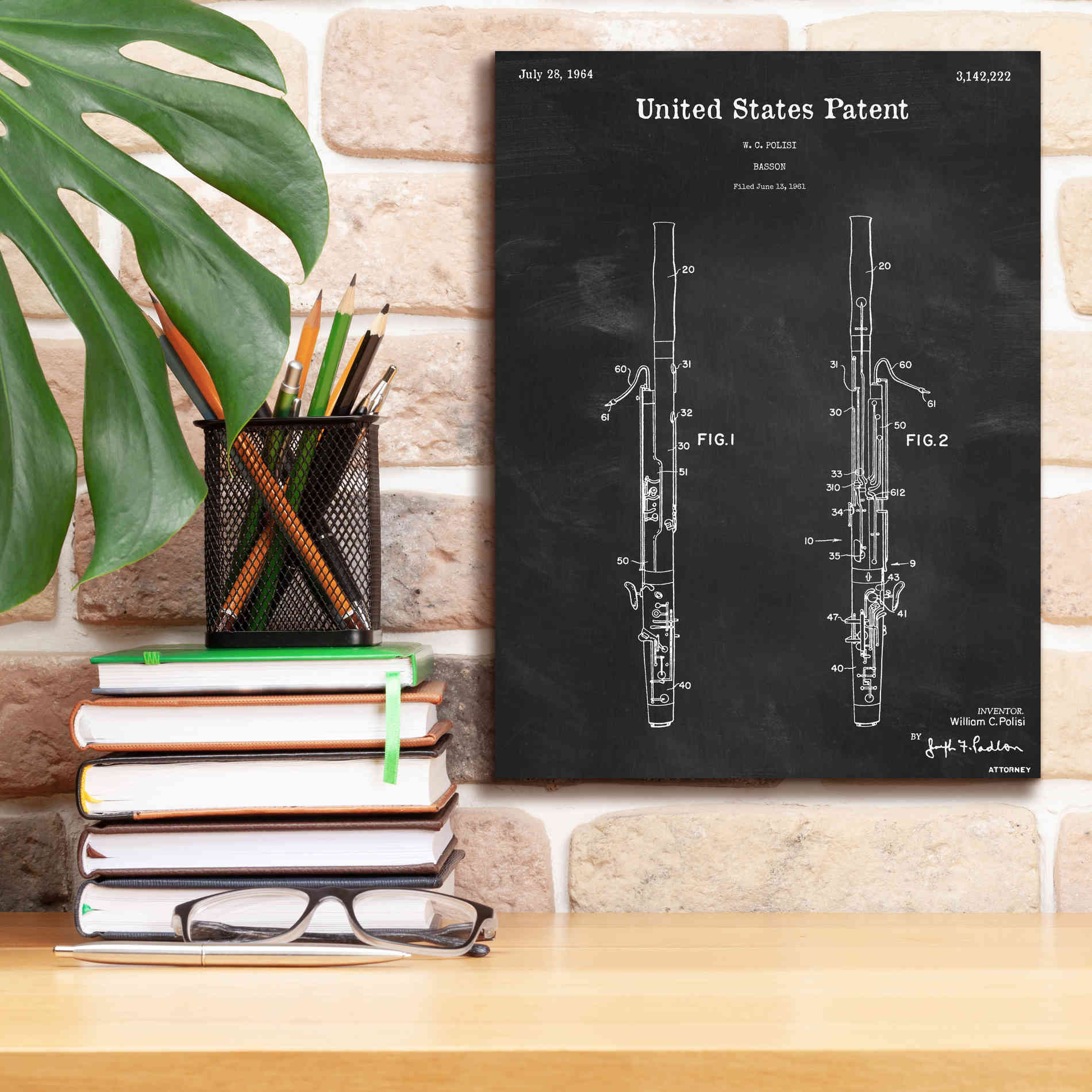 'Bassoon Blueprint Patent Chalkboard,' Canvas Wall Art,12 x 16