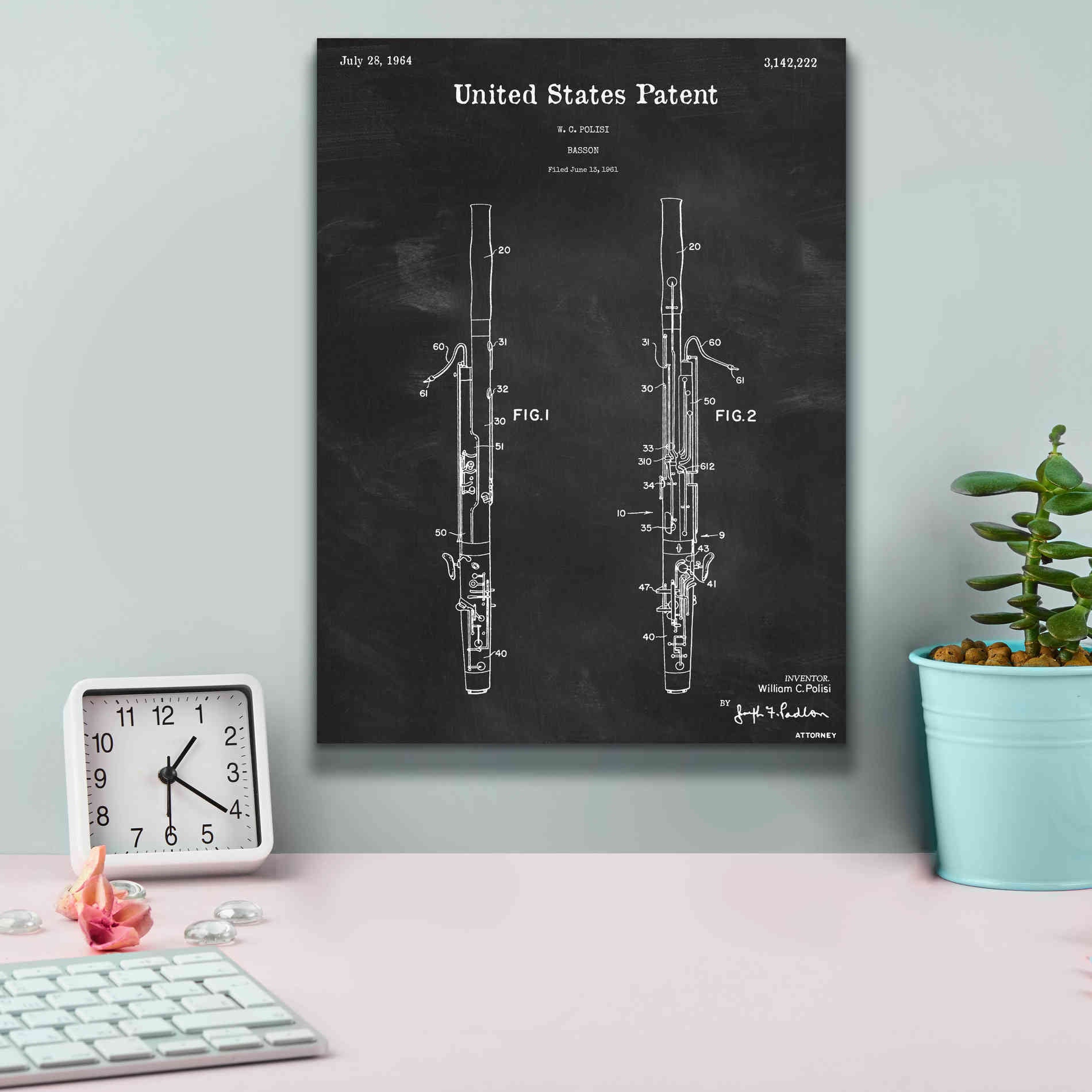 'Bassoon Blueprint Patent Chalkboard,' Canvas Wall Art,12 x 16