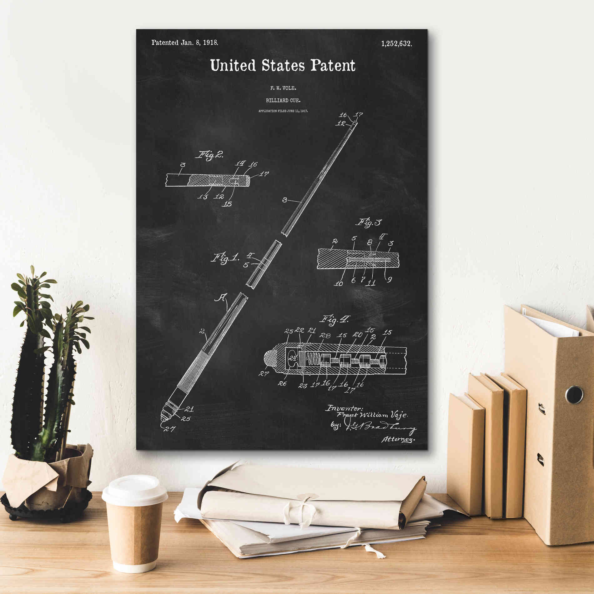 'Billard Cue Blueprint Patent Chalkboard,' Canvas Wall Art,18 x 26
