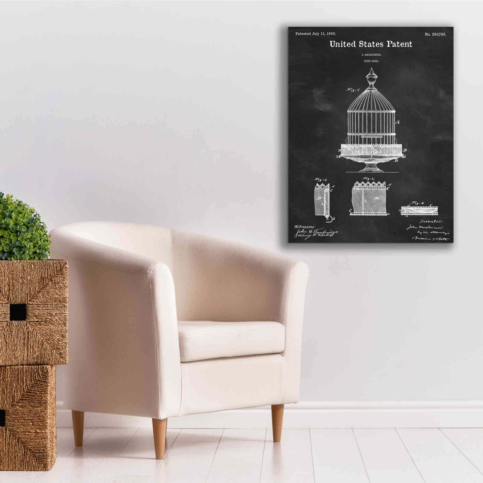 'Bird Cage Blueprint Patent Chalkboard,' Canvas Wall Art,26 x 34