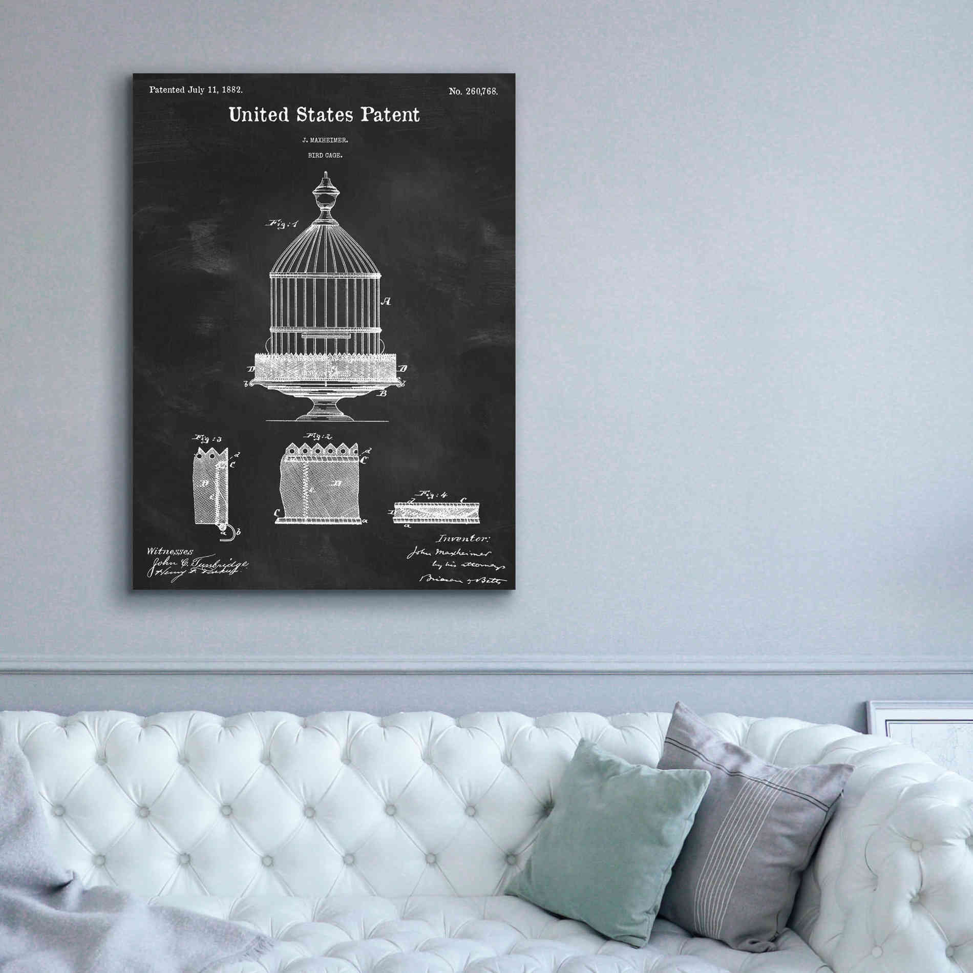 'Bird Cage Blueprint Patent Chalkboard,' Canvas Wall Art,40 x 54