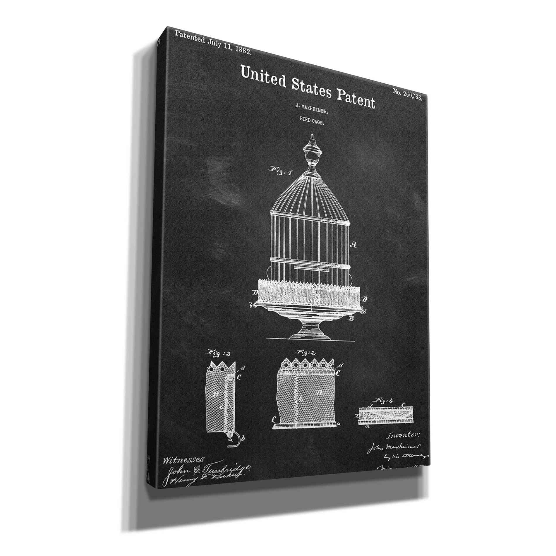 'Bird Cage Blueprint Patent Chalkboard,' Canvas Wall Art,12x16x1.1x0,18x26x1.1x0,26x34x1.74x0,40x54x1.74x0