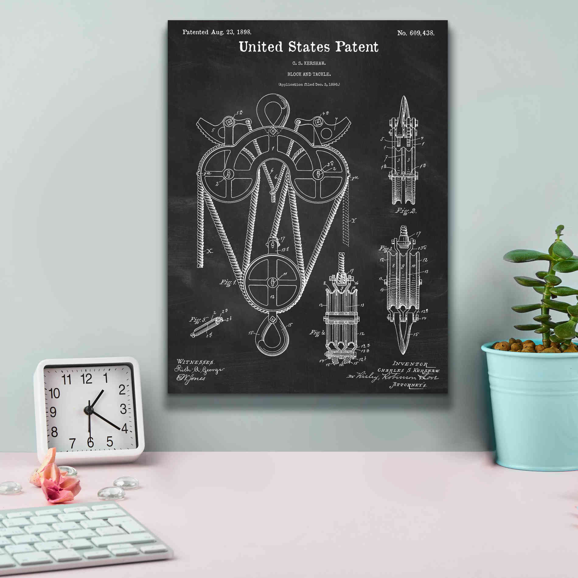 'Block and Tackle Blueprint Patent Chalkboard,' Canvas Wall Art,12 x 16