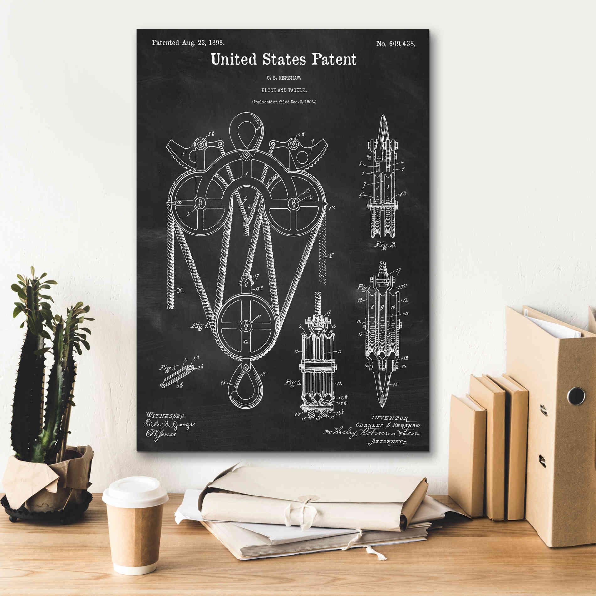 'Block and Tackle Blueprint Patent Chalkboard,' Canvas Wall Art,18 x 26