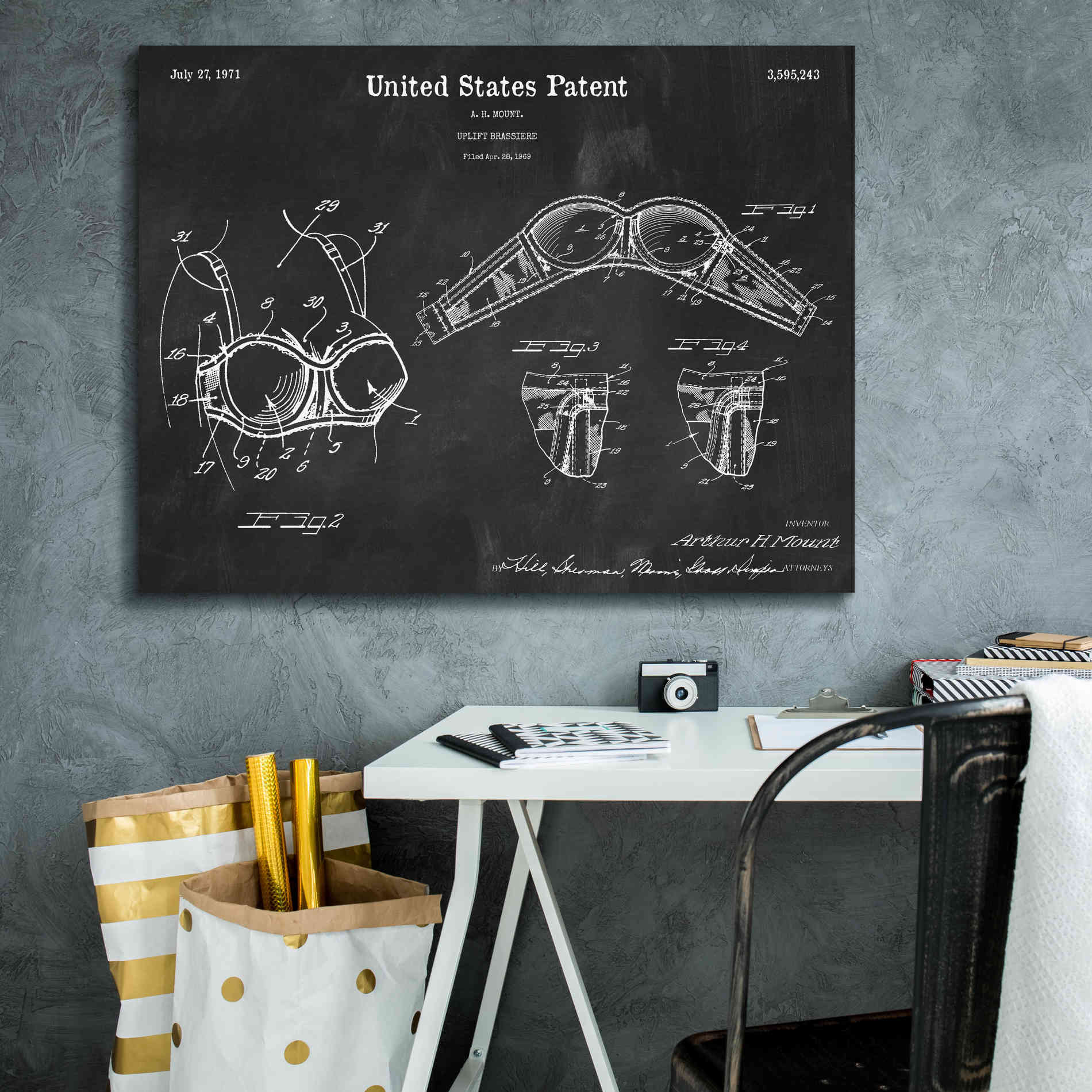 'Push-up Bra Blueprint Patent Chalkboard,' Canvas Wall Art,34 x 26