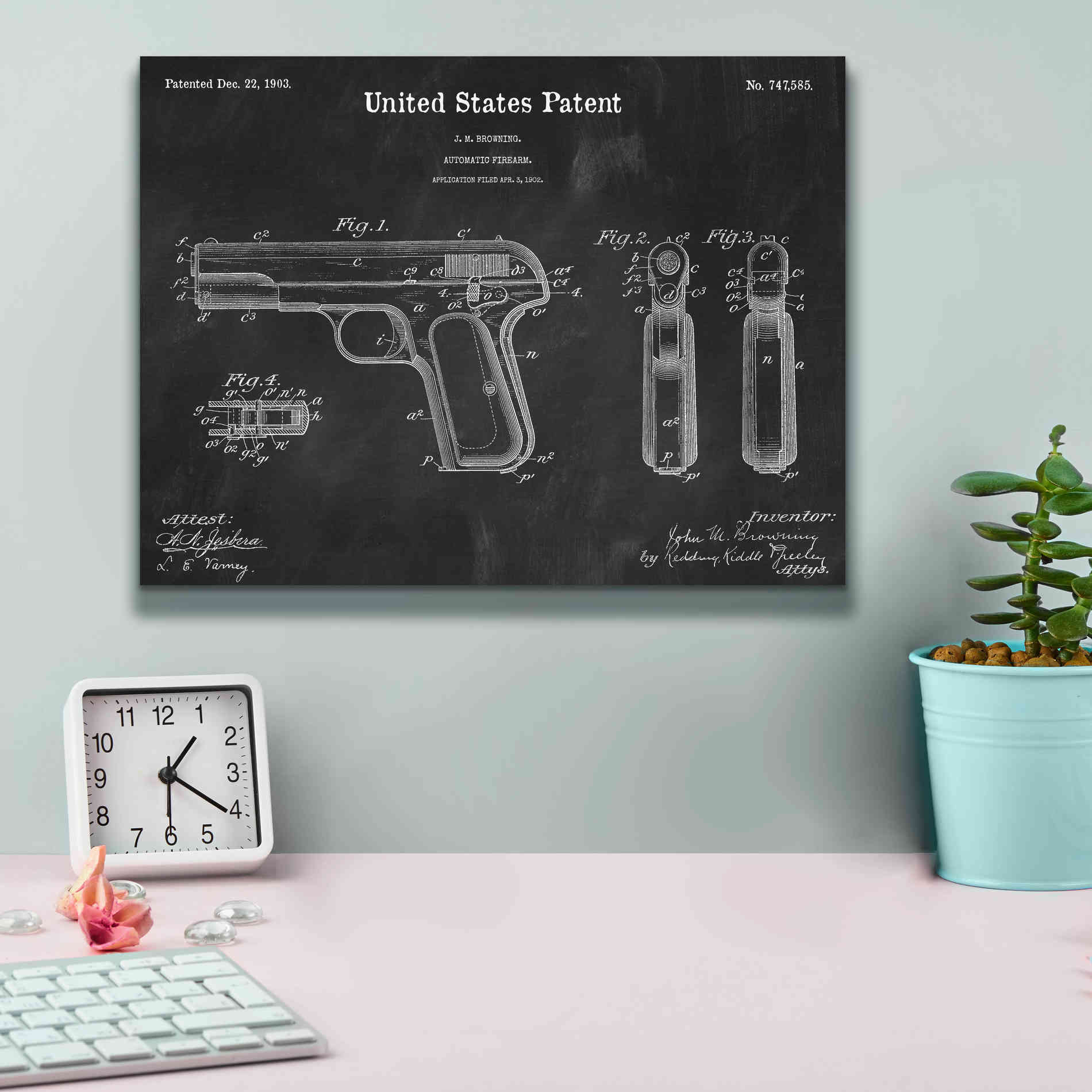 'Pistol Blueprint Patent Chalkboard,' Canvas Wall Art,16 x 12