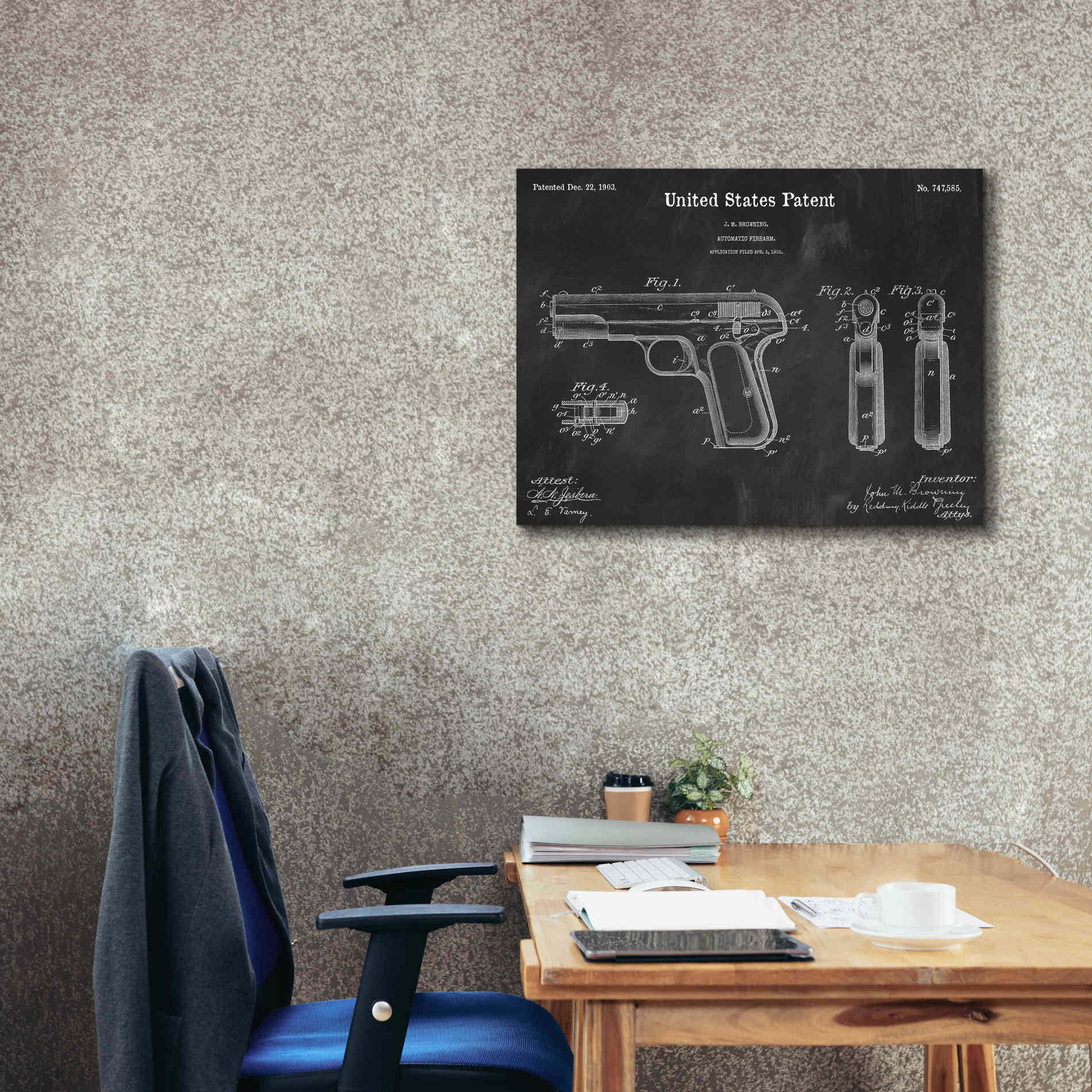 'Pistol Blueprint Patent Chalkboard,' Canvas Wall Art,34 x 26