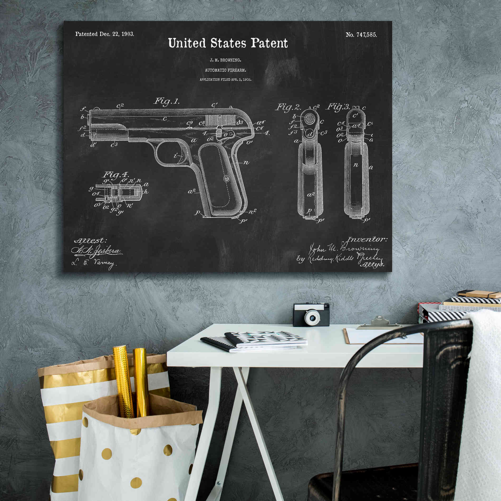 'Pistol Blueprint Patent Chalkboard,' Canvas Wall Art,34 x 26