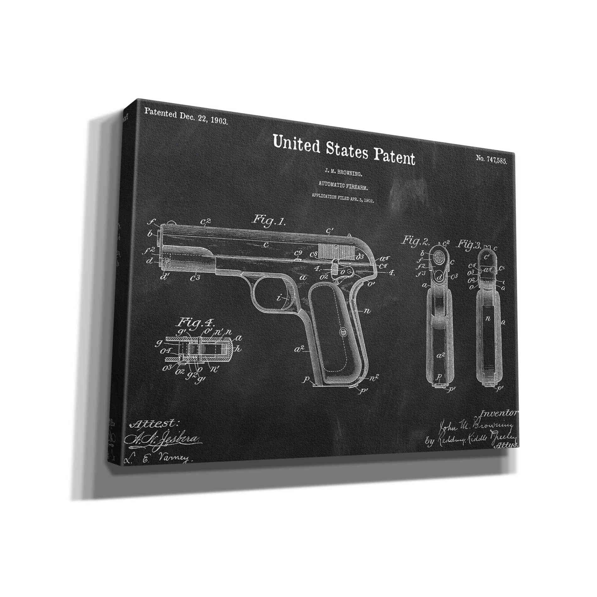 'Pistol Blueprint Patent Chalkboard,' Canvas Wall Art,16x12x1.1x0,26x18x1.1x0,34x26x1.74x0,54x40x1.74x0