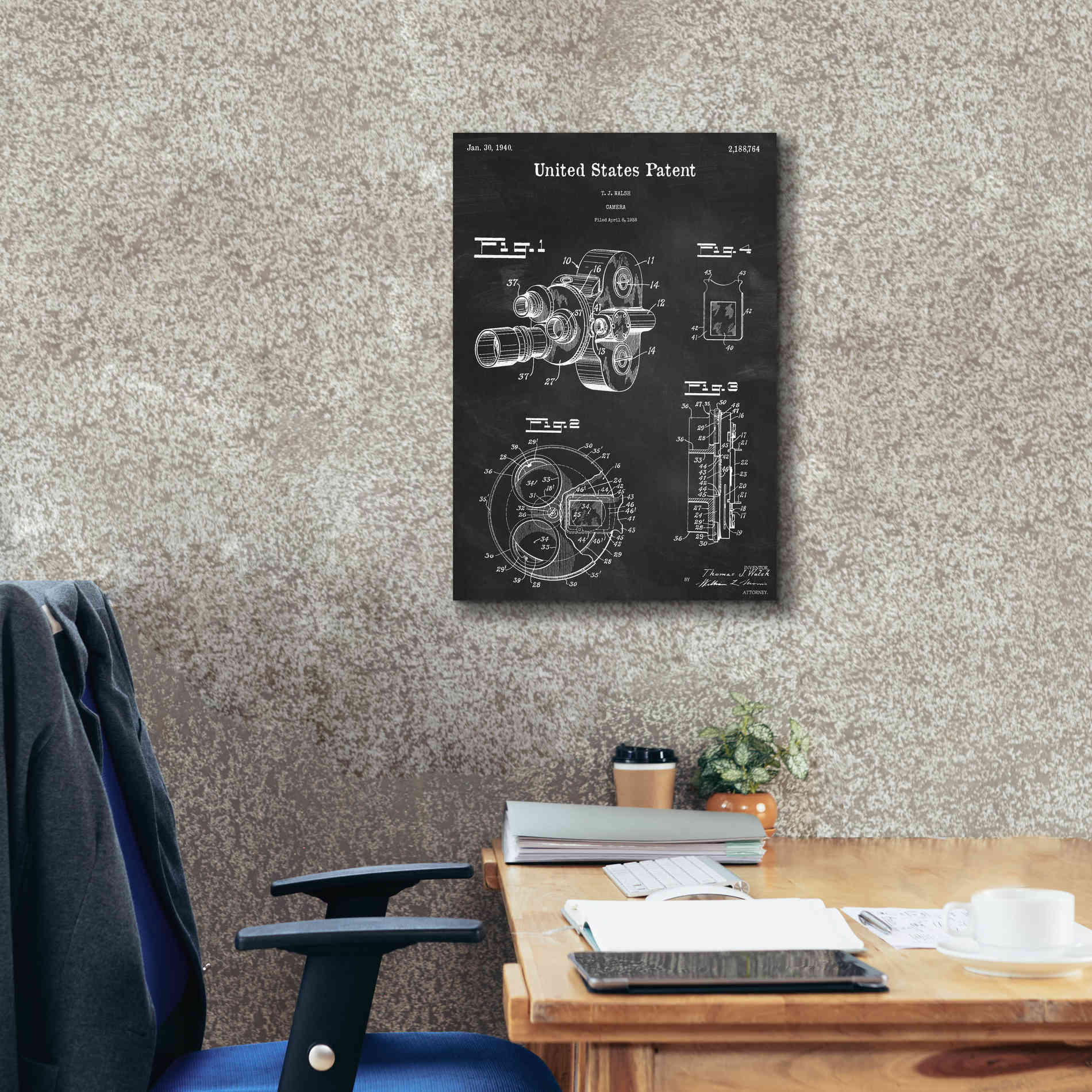 'Film Camera Blueprint Patent Chalkboard,' Canvas Wall Art,18 x 26