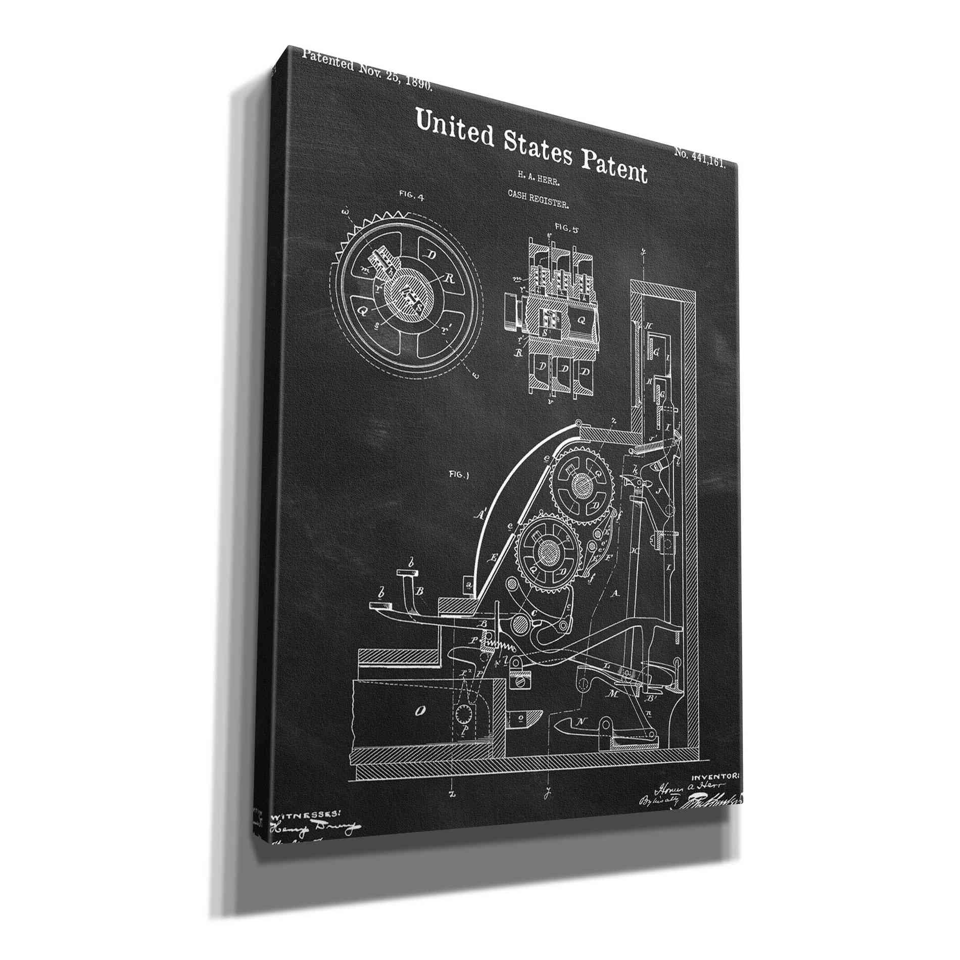 'Cash Register Blueprint Patent Chalkboard,' Canvas Wall Art,12x16x1.1x0,18x26x1.1x0,26x34x1.74x0,40x54x1.74x0
