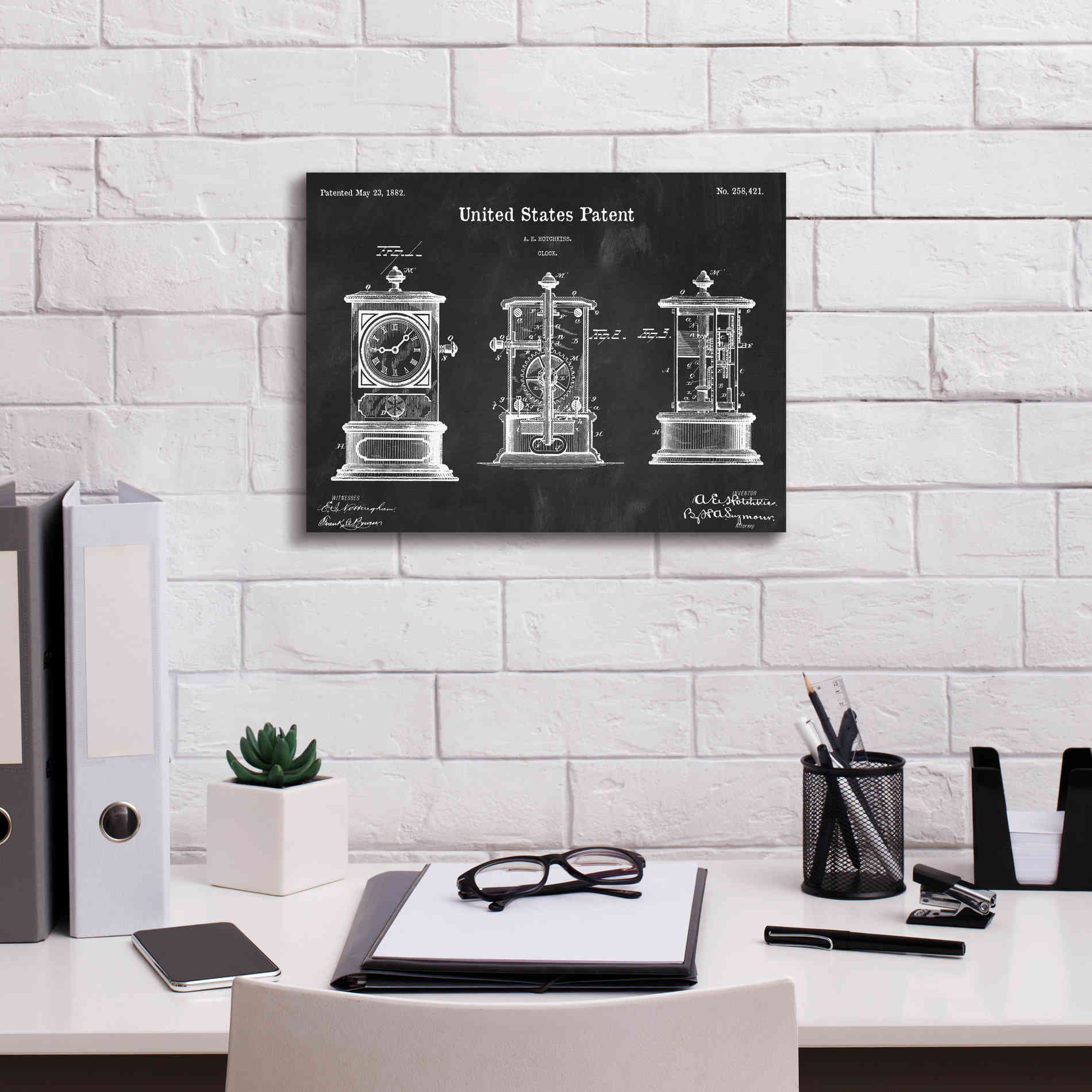'Clock Blueprint Patent Chalkboard,' Canvas Wall Art,16 x 12