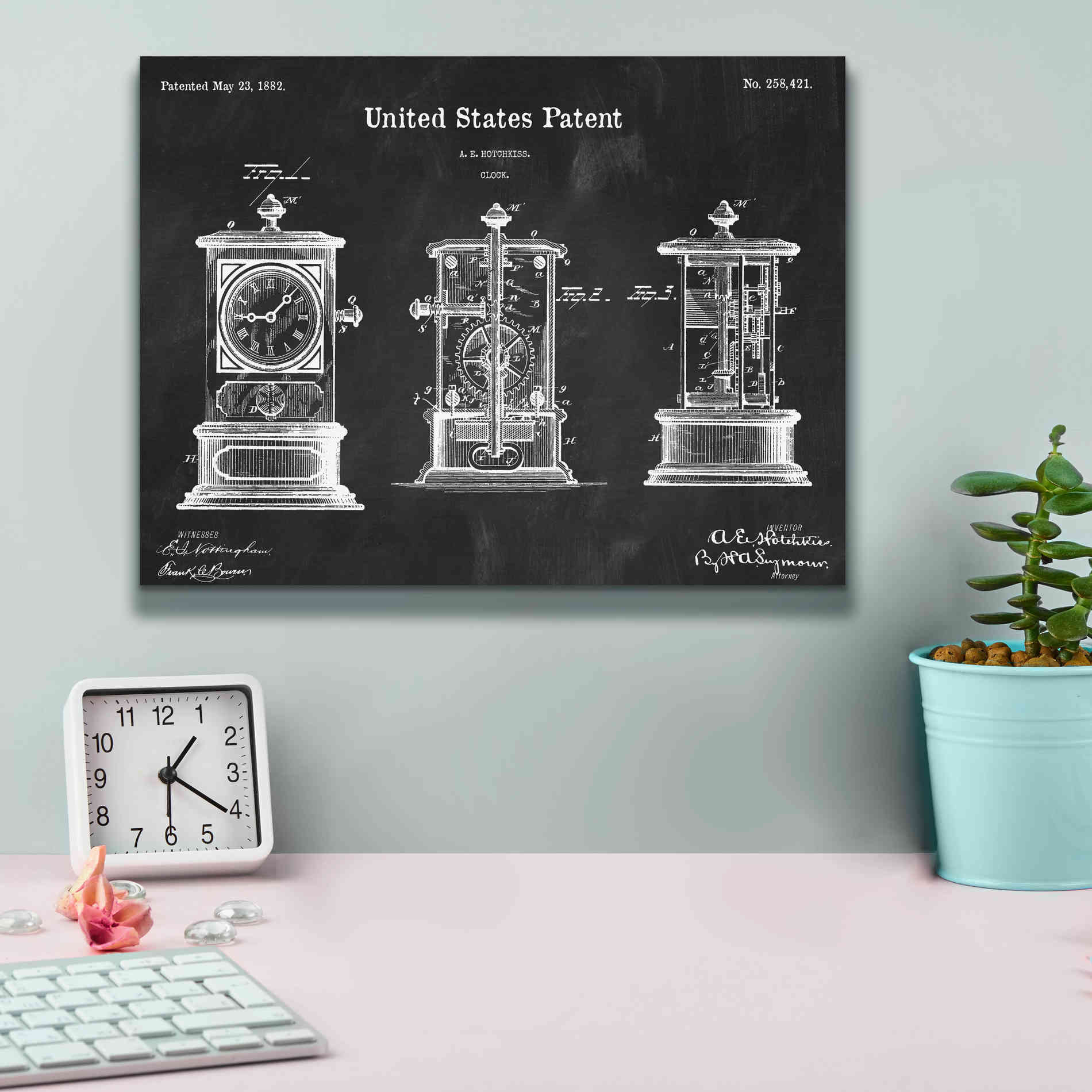 'Clock Blueprint Patent Chalkboard,' Canvas Wall Art,16 x 12