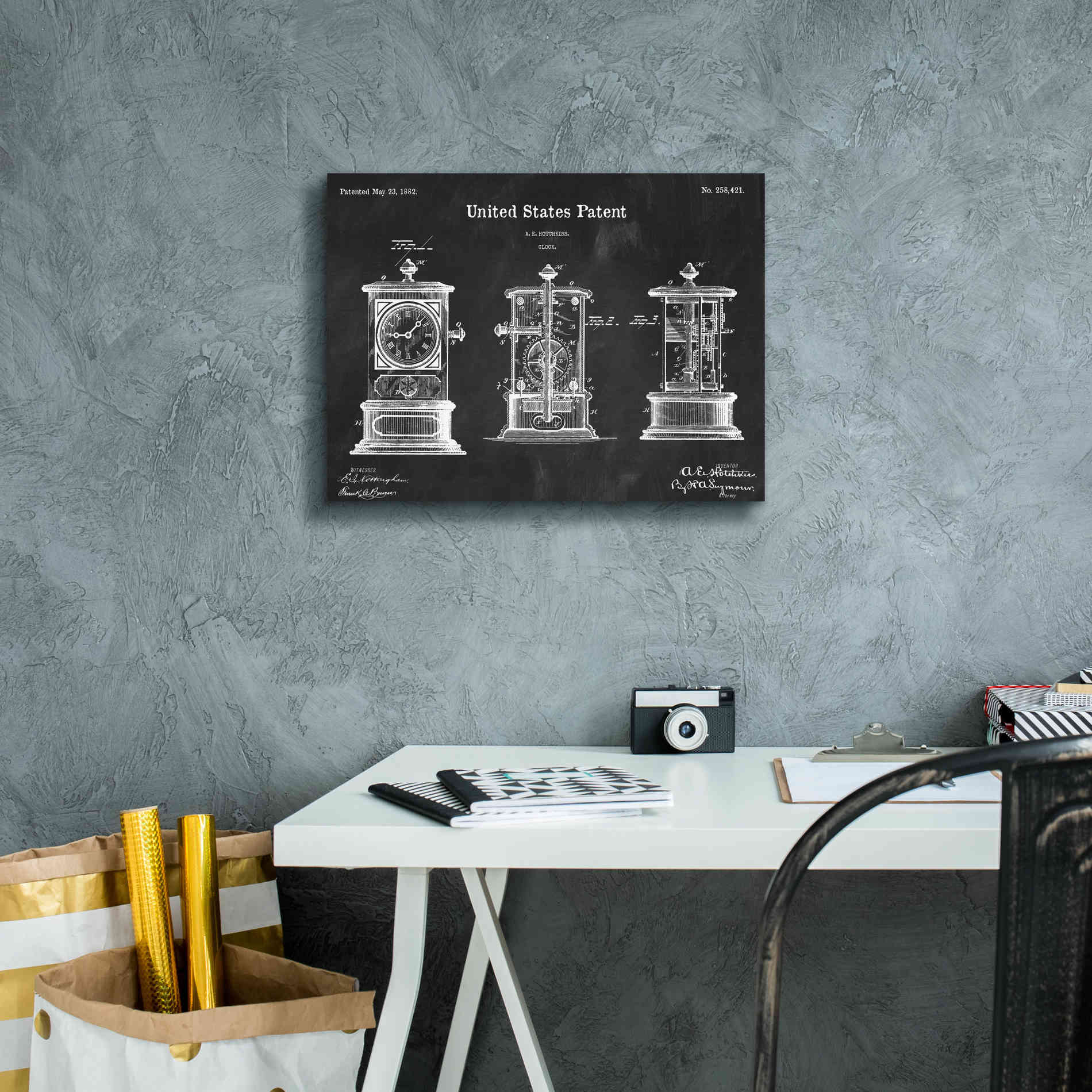 'Clock Blueprint Patent Chalkboard,' Canvas Wall Art,16 x 12