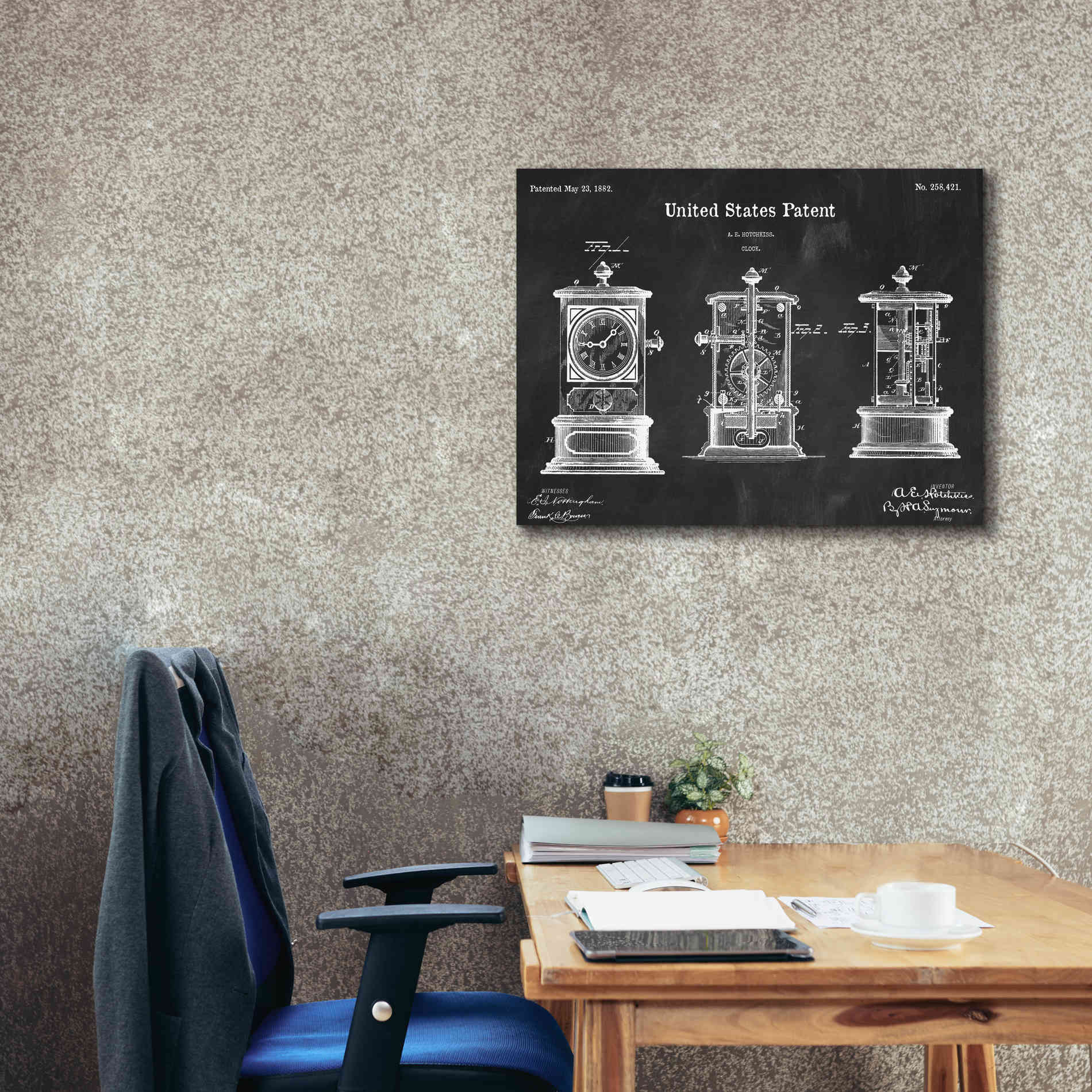 'Clock Blueprint Patent Chalkboard,' Canvas Wall Art,34 x 26