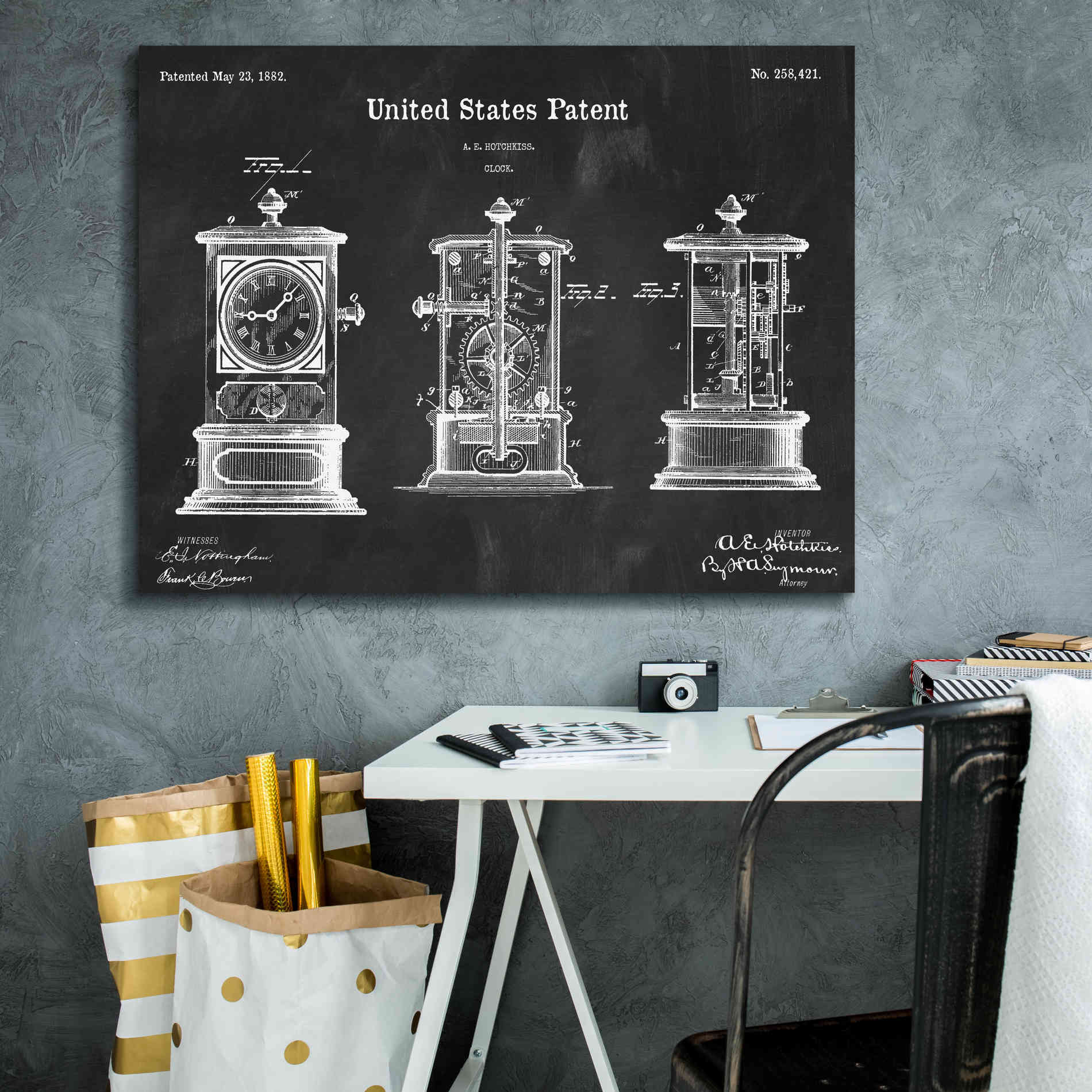 'Clock Blueprint Patent Chalkboard,' Canvas Wall Art,34 x 26