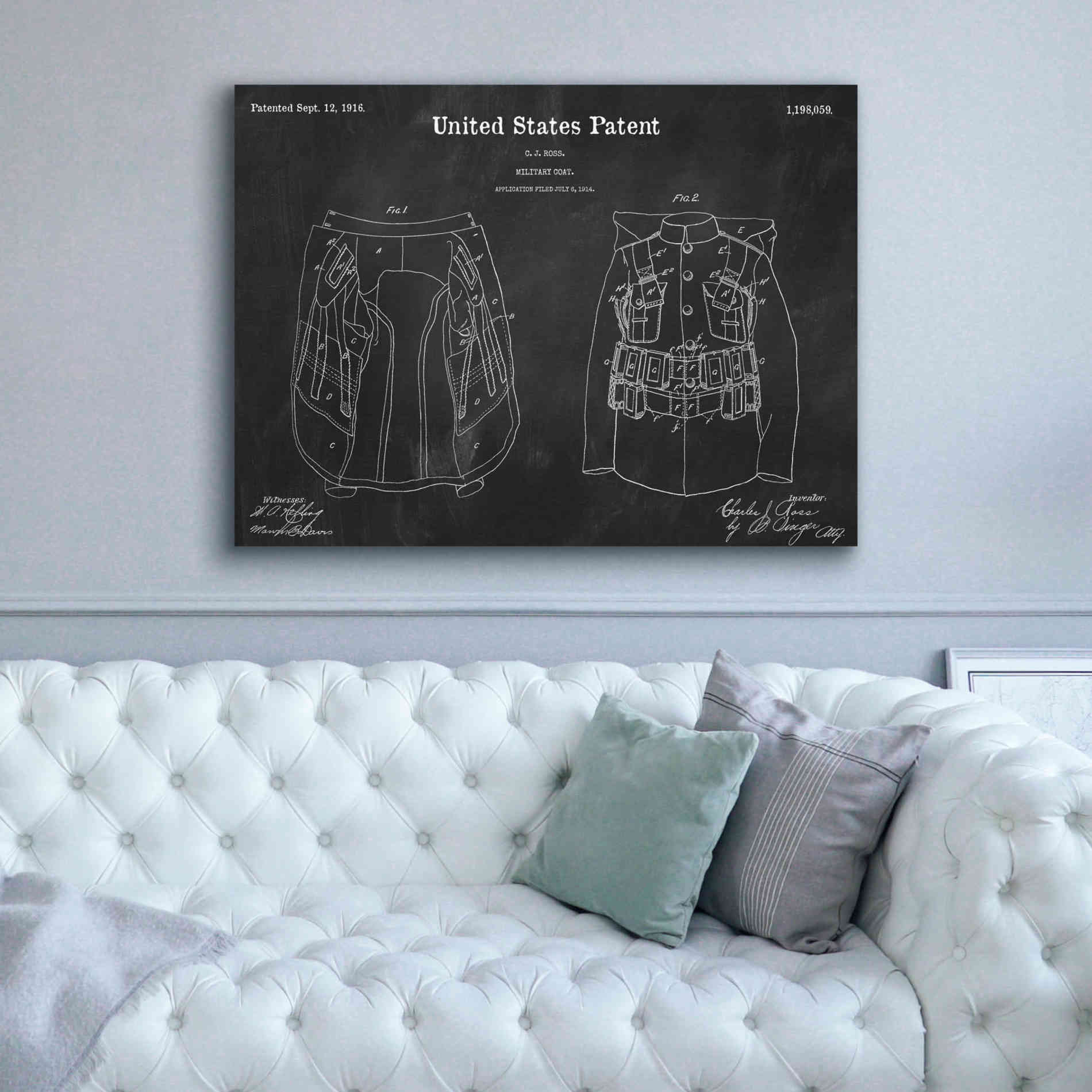 'Military Coat Blueprint Patent Chalkboard,' Canvas Wall Art,54 x 40