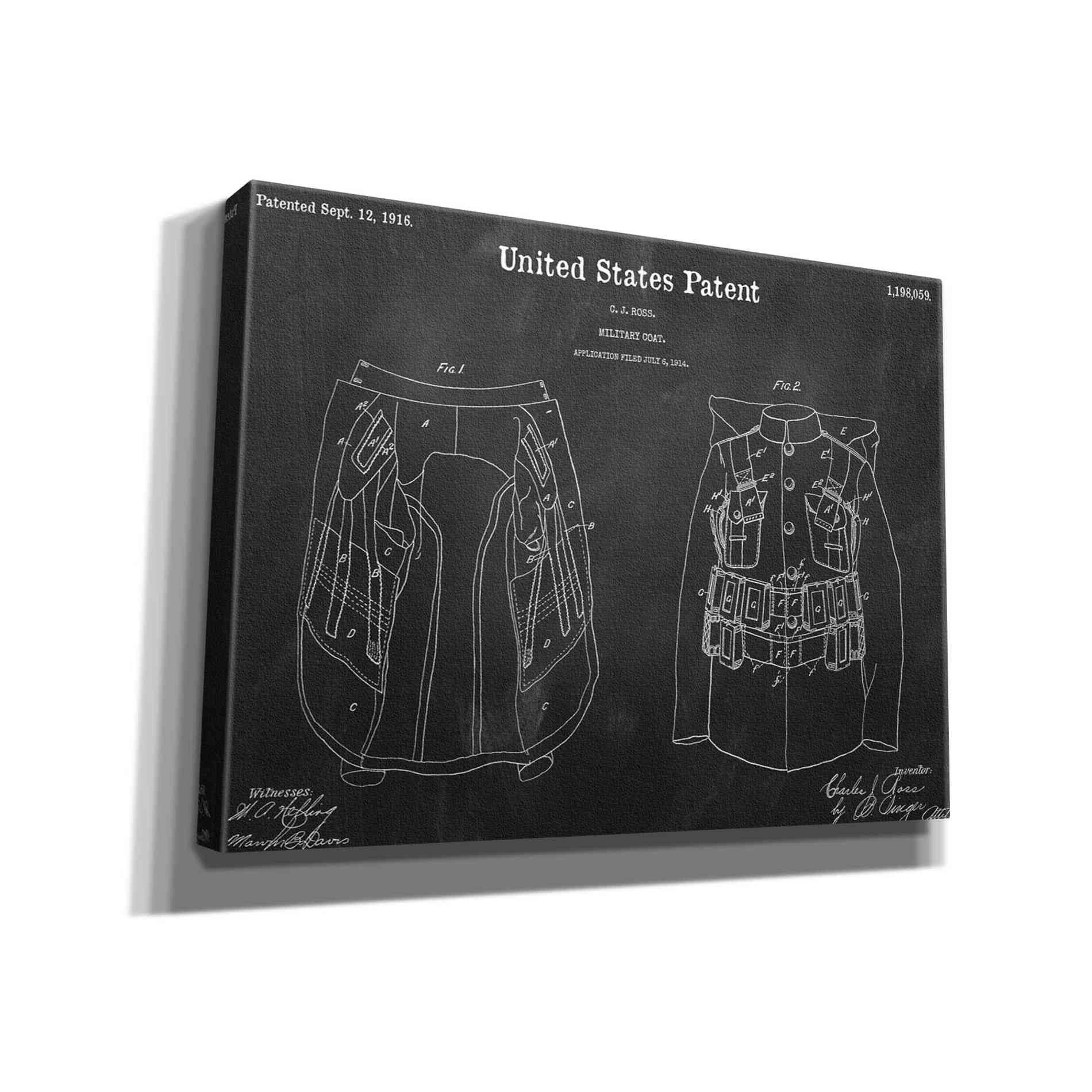 'Military Coat Blueprint Patent Chalkboard,' Canvas Wall Art,16x12x1.1x0,26x18x1.1x0,34x26x1.74x0,54x40x1.74x0