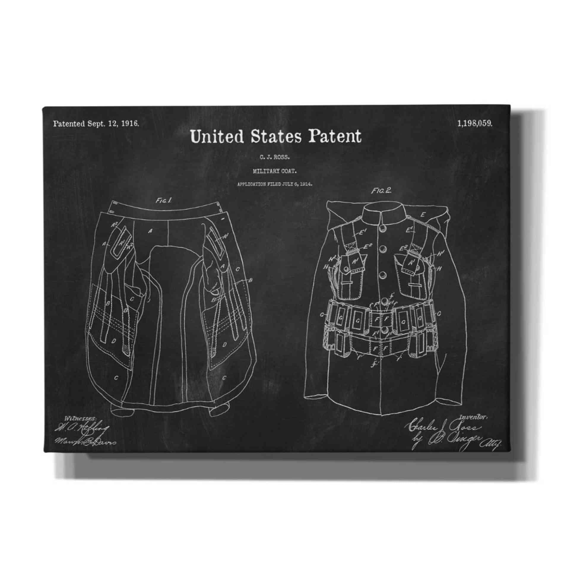 'Military Coat Blueprint Patent Chalkboard,' Canvas Wall Art,16x12x1.1x0,26x18x1.1x0,34x26x1.74x0,54x40x1.74x0