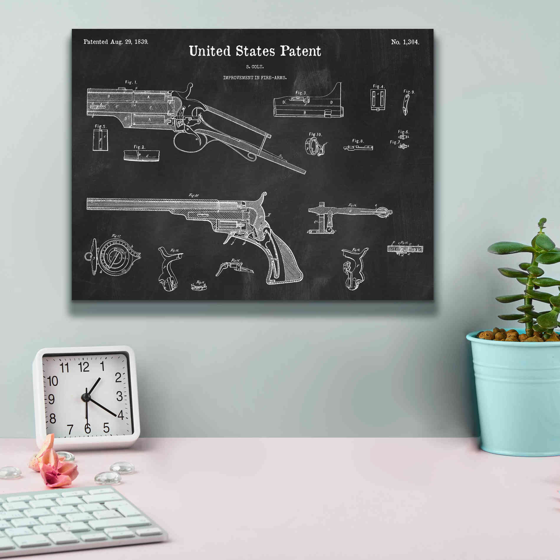 'Colt Revolver Blueprint Patent Chalkboard,' Canvas Wall Art,16 x 12