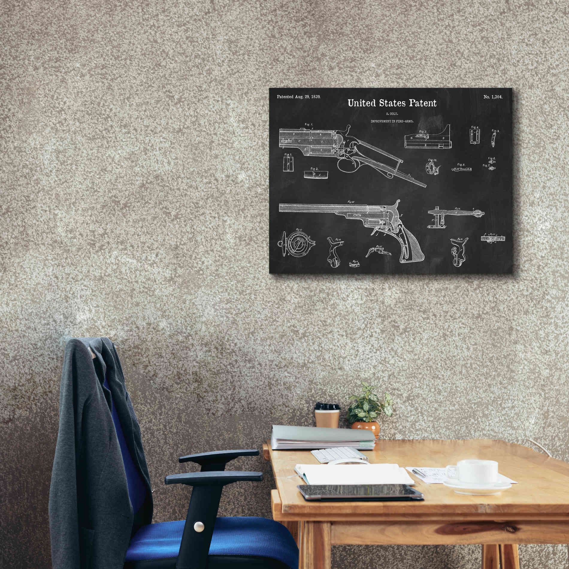 'Colt Revolver Blueprint Patent Chalkboard,' Canvas Wall Art,34 x 26